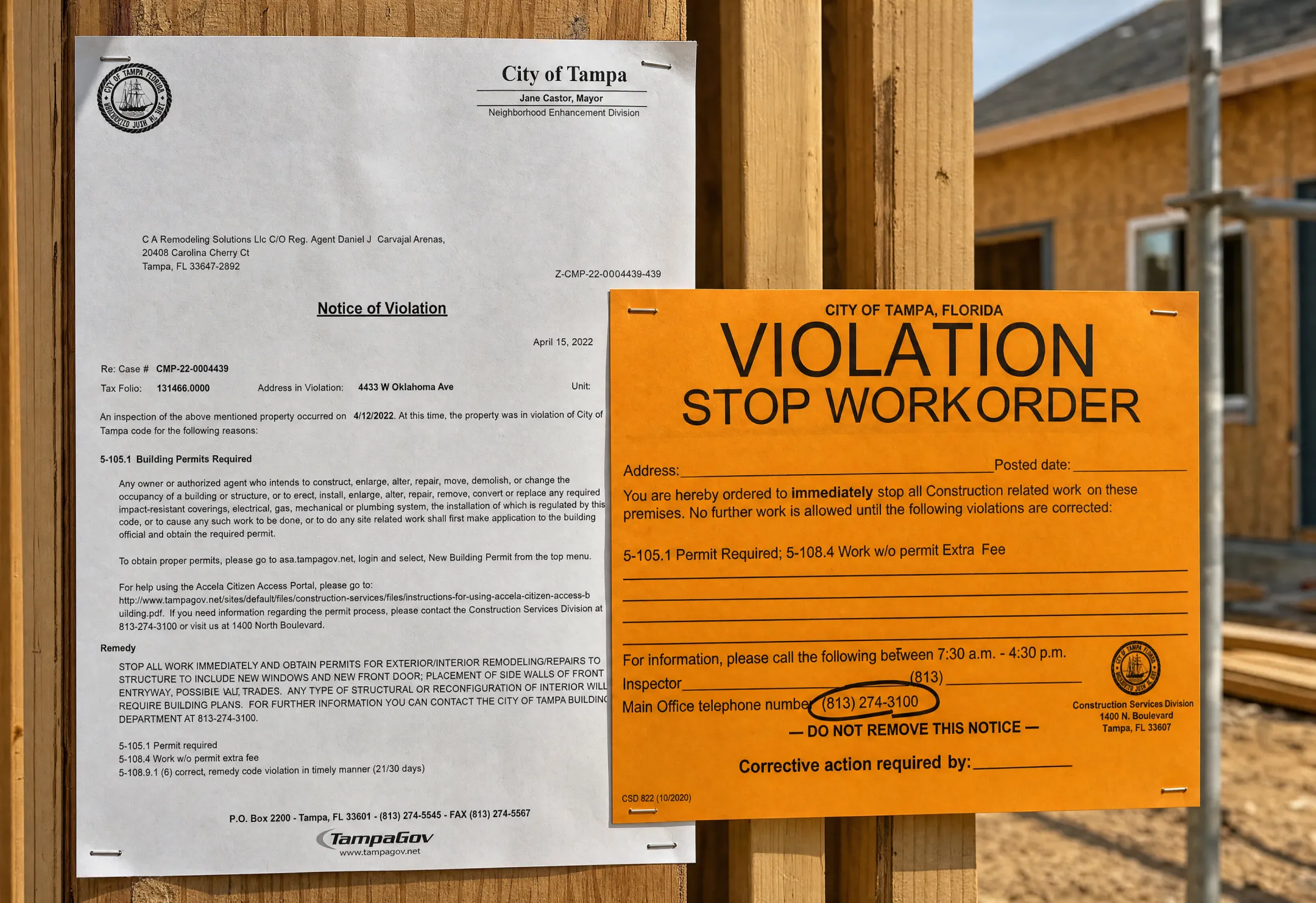 Stop-work order notice posted on residential construction site