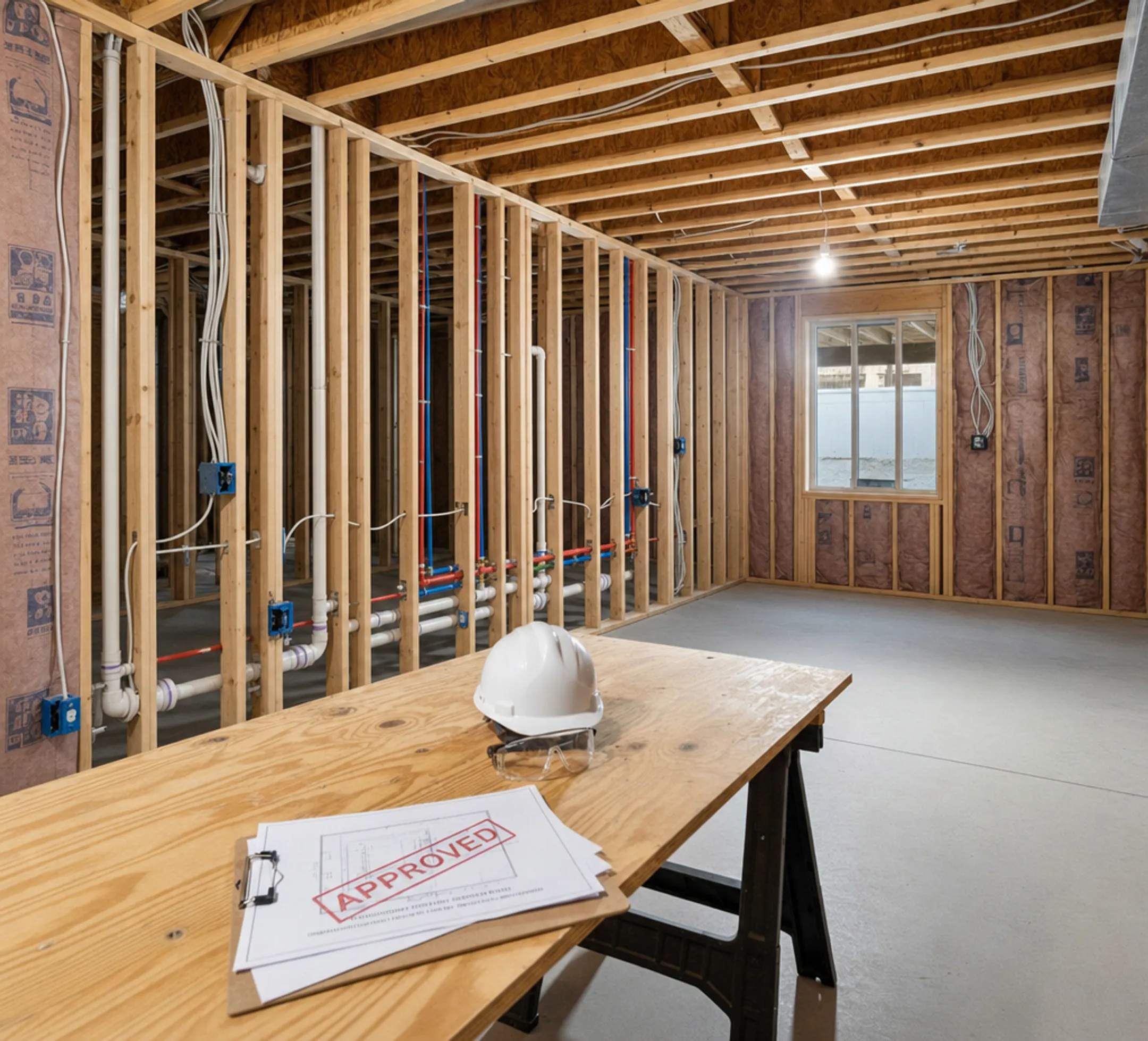 Open basement wall framing during inspection before drywall installation