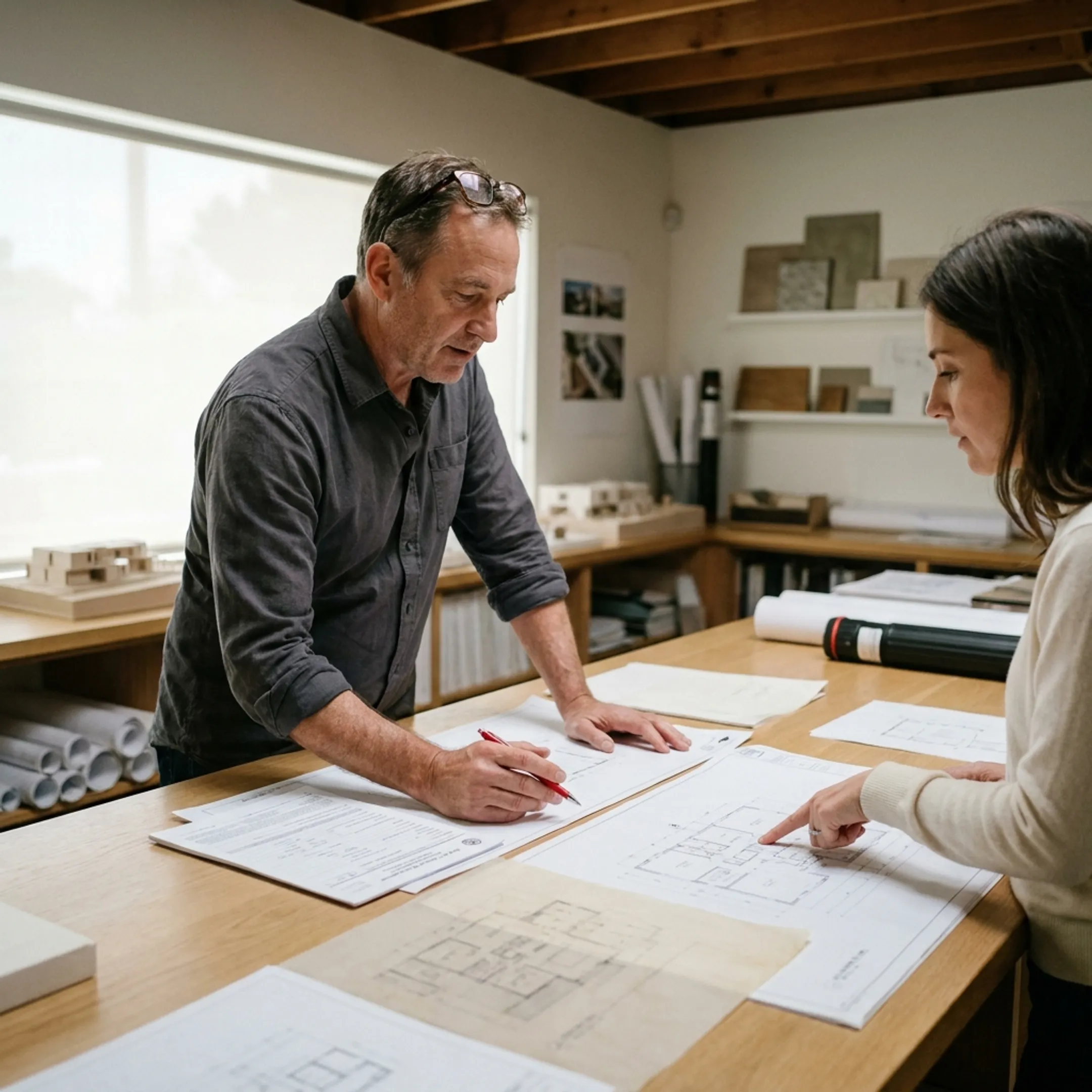 Architect reviewing residential building permit plans