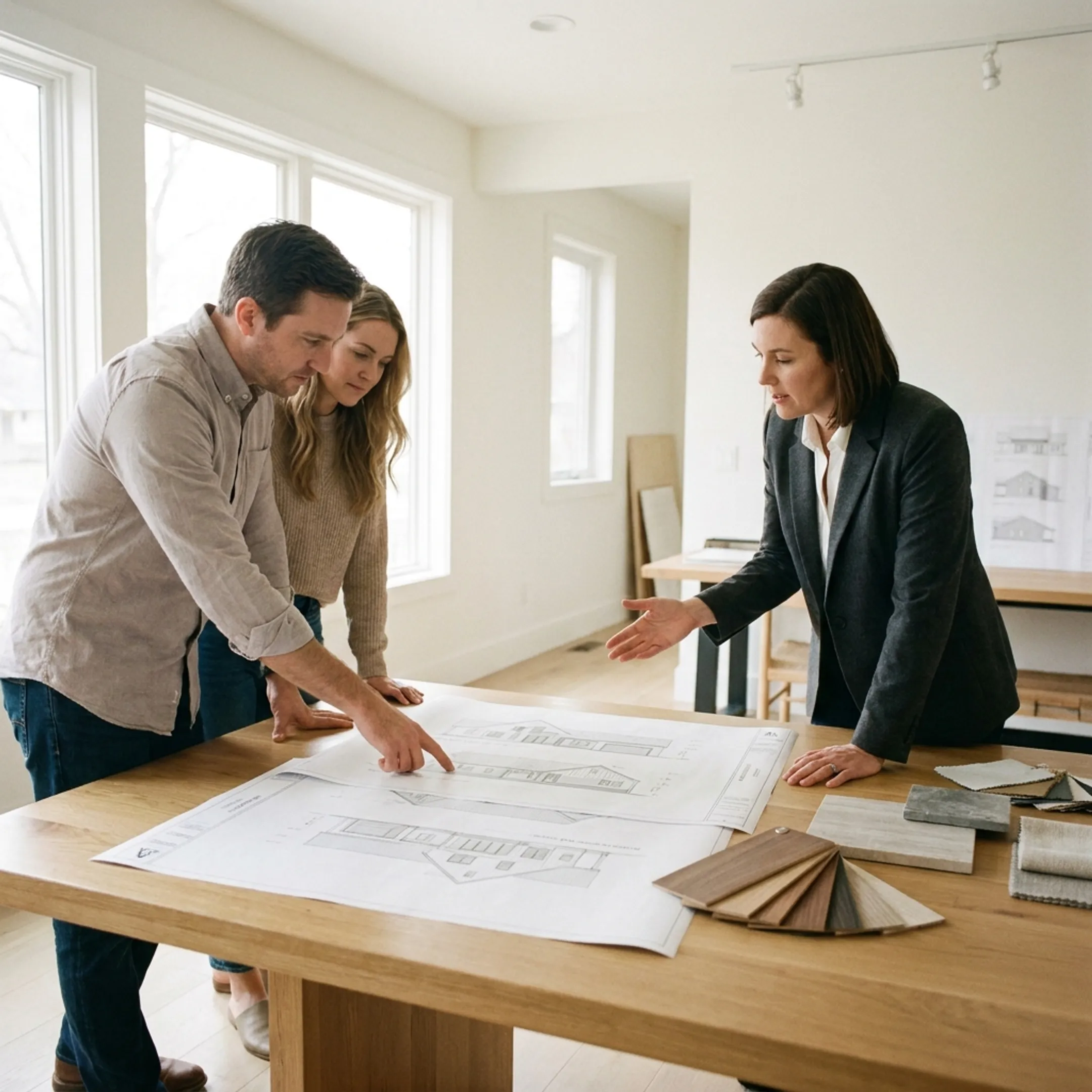 Architect reviewing custom home plans with homeowners
