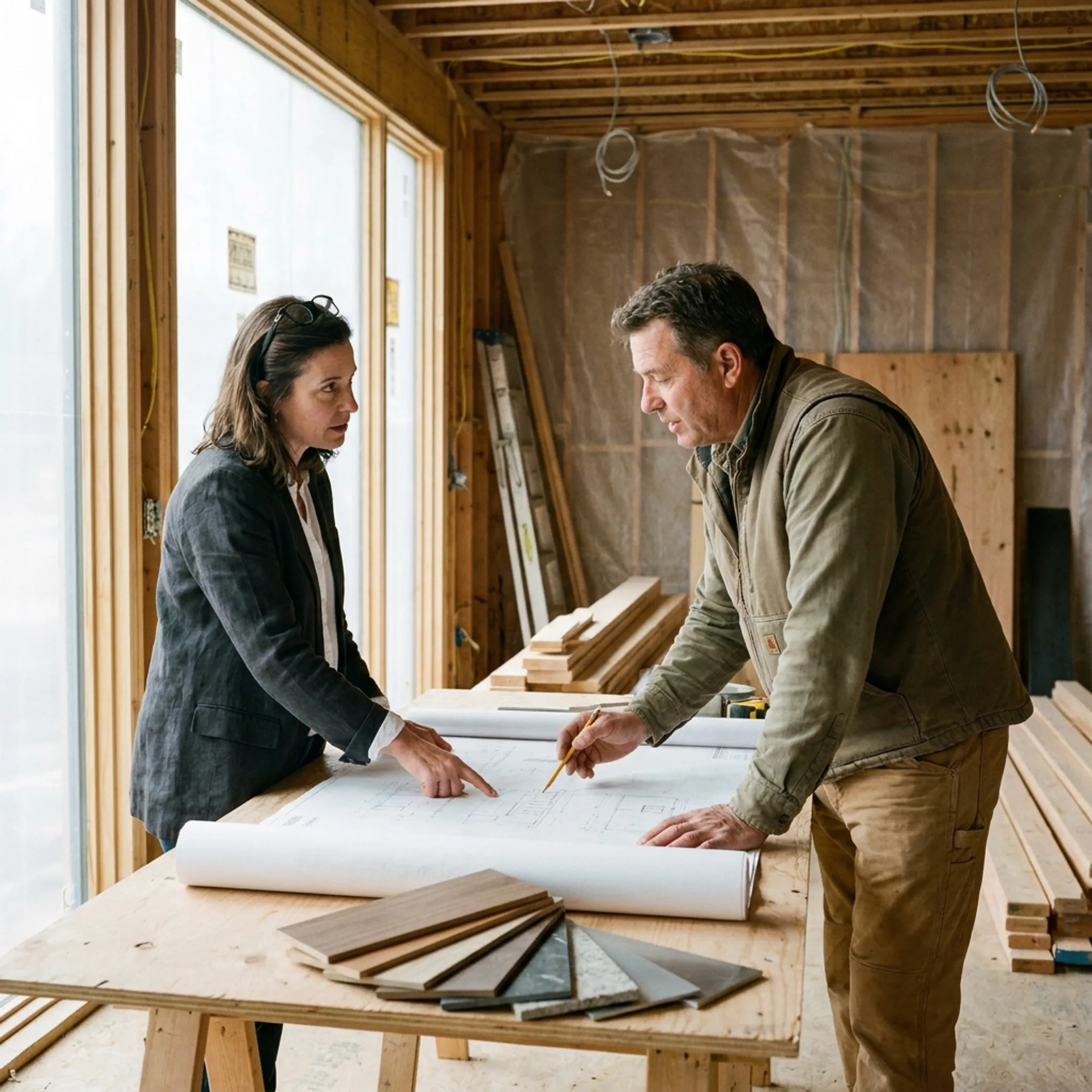 Architect and builder reviewing custom home plans at a residential project