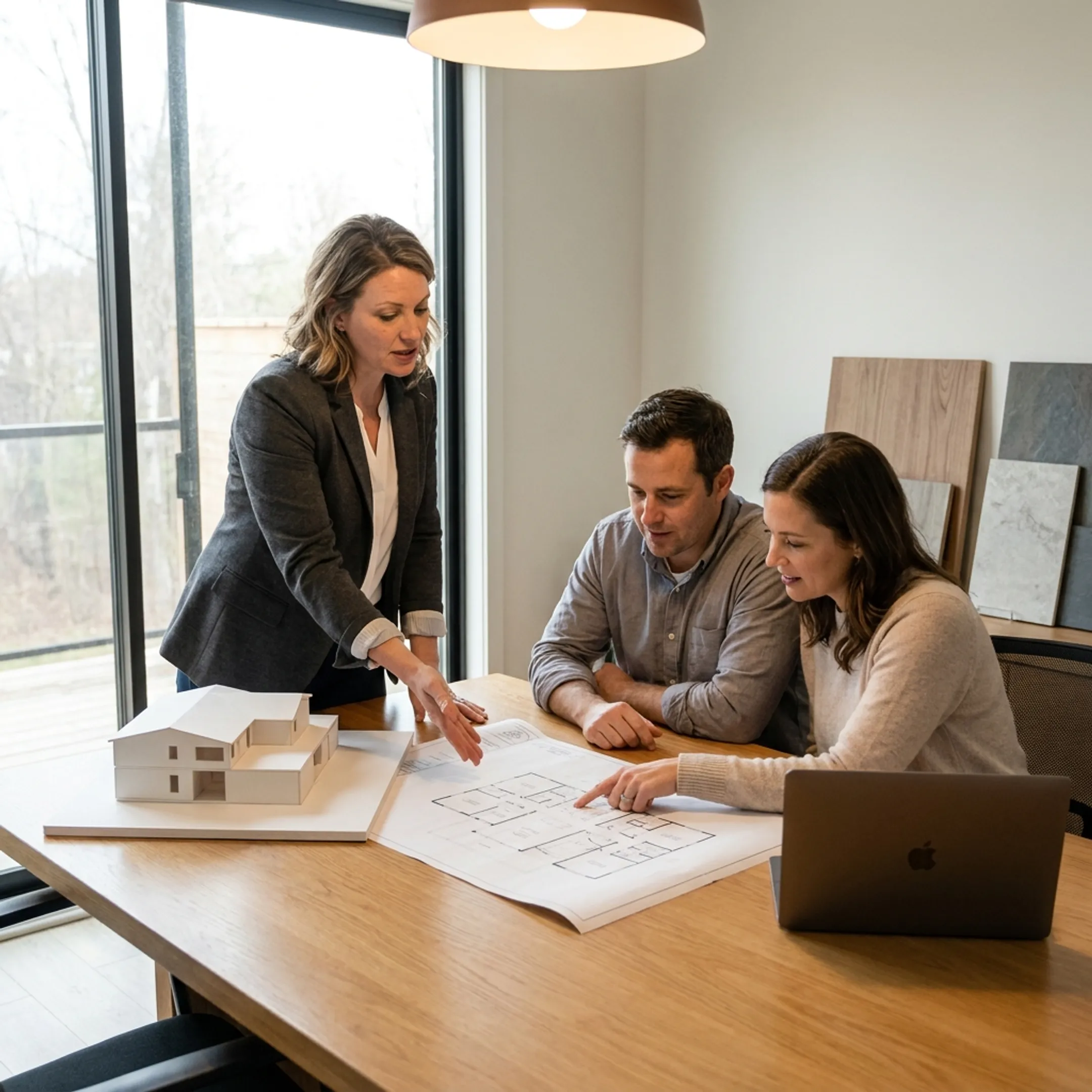 Architect presenting a custom home design to homeowners