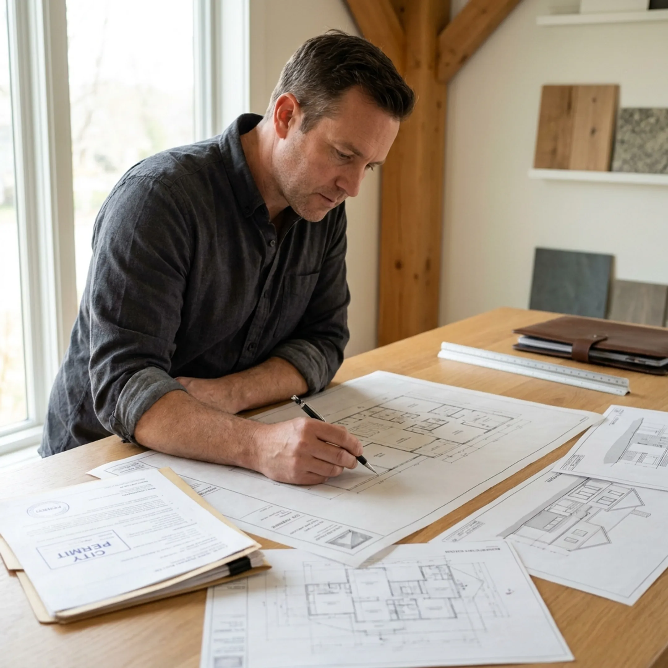 Architect reviewing home addition permit plans at a design studio