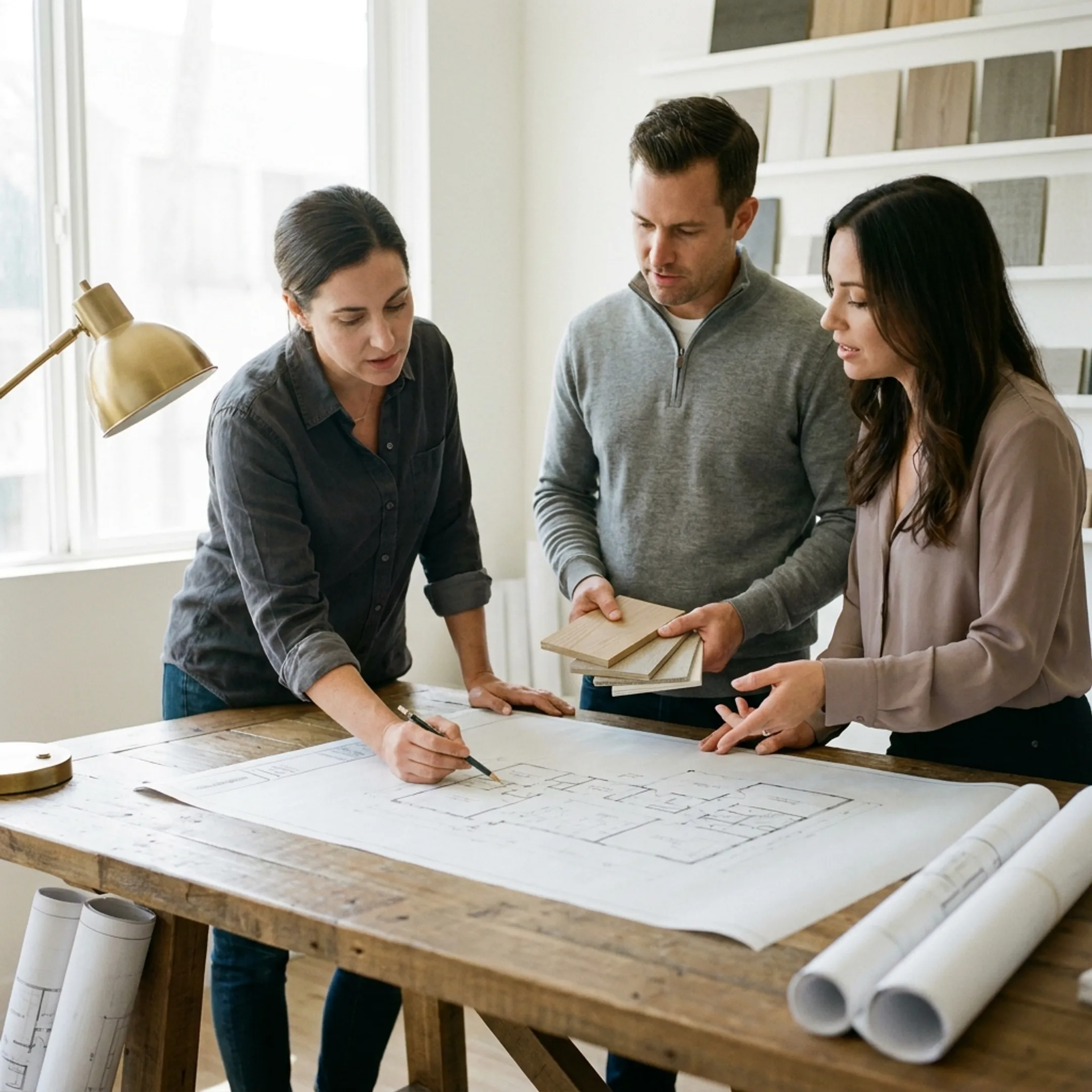 Architect reviewing custom home plans with homeowner