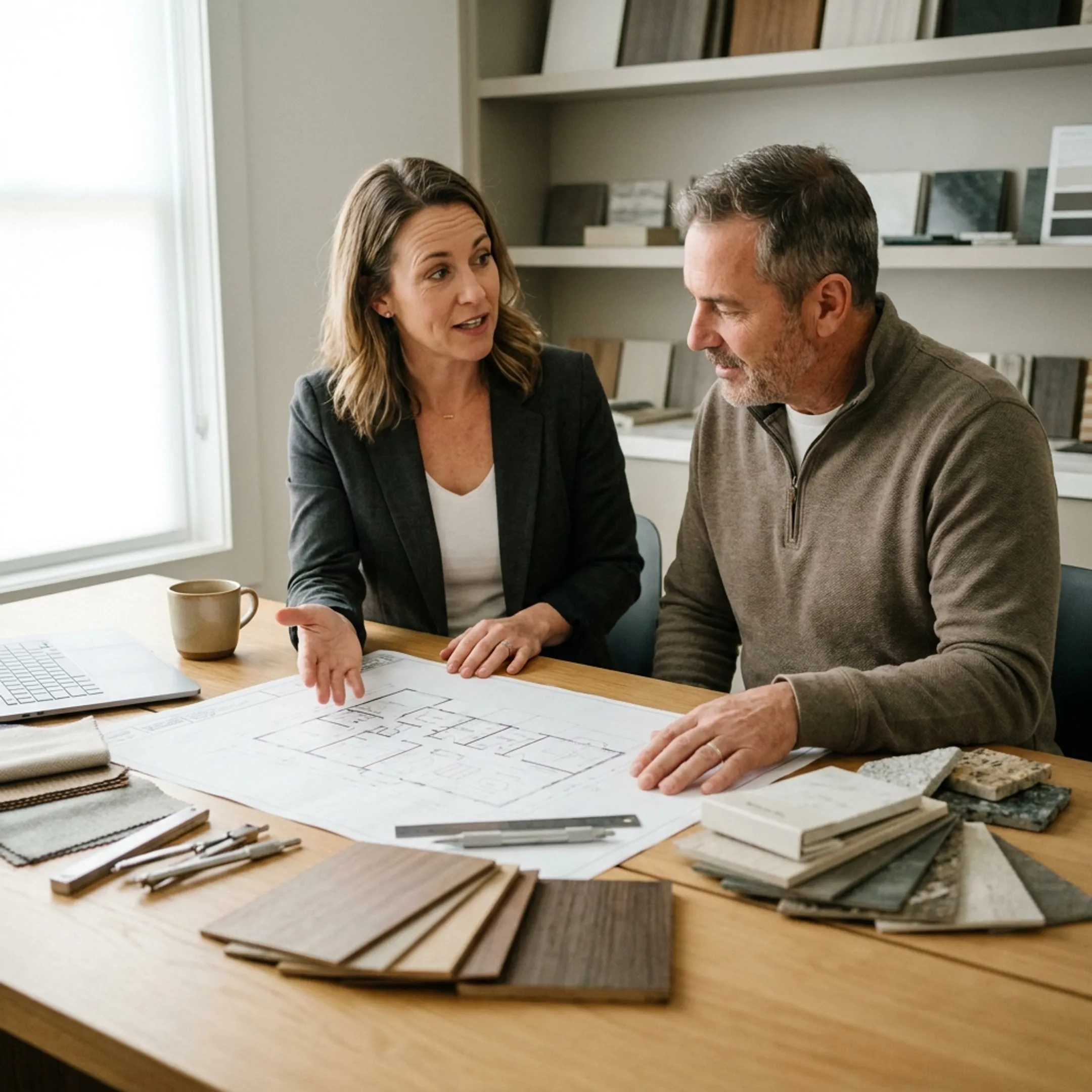 Homeowner reviewing remodeling plans with an architectural design professional