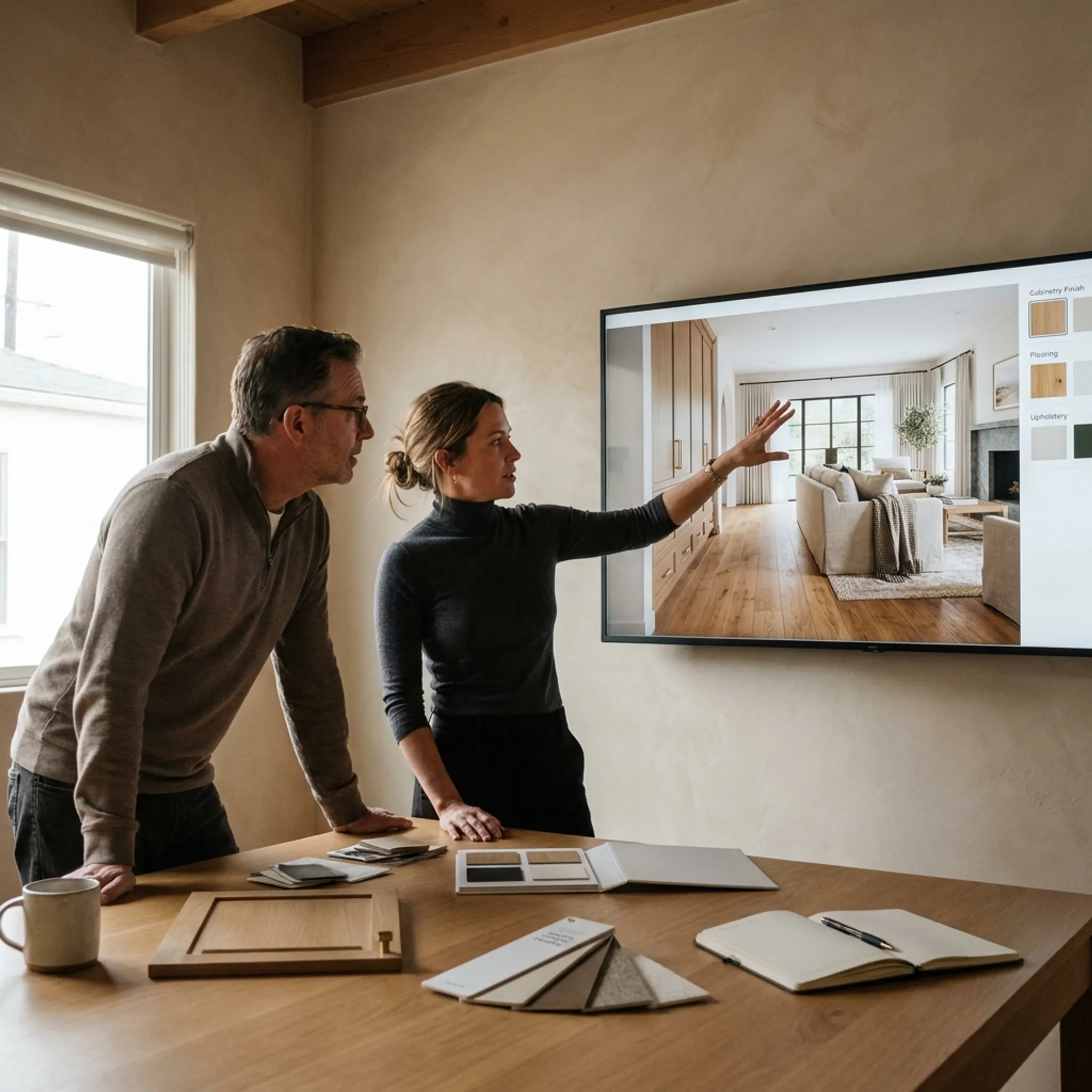 Designer reviewing a detailed interior rendering with a client