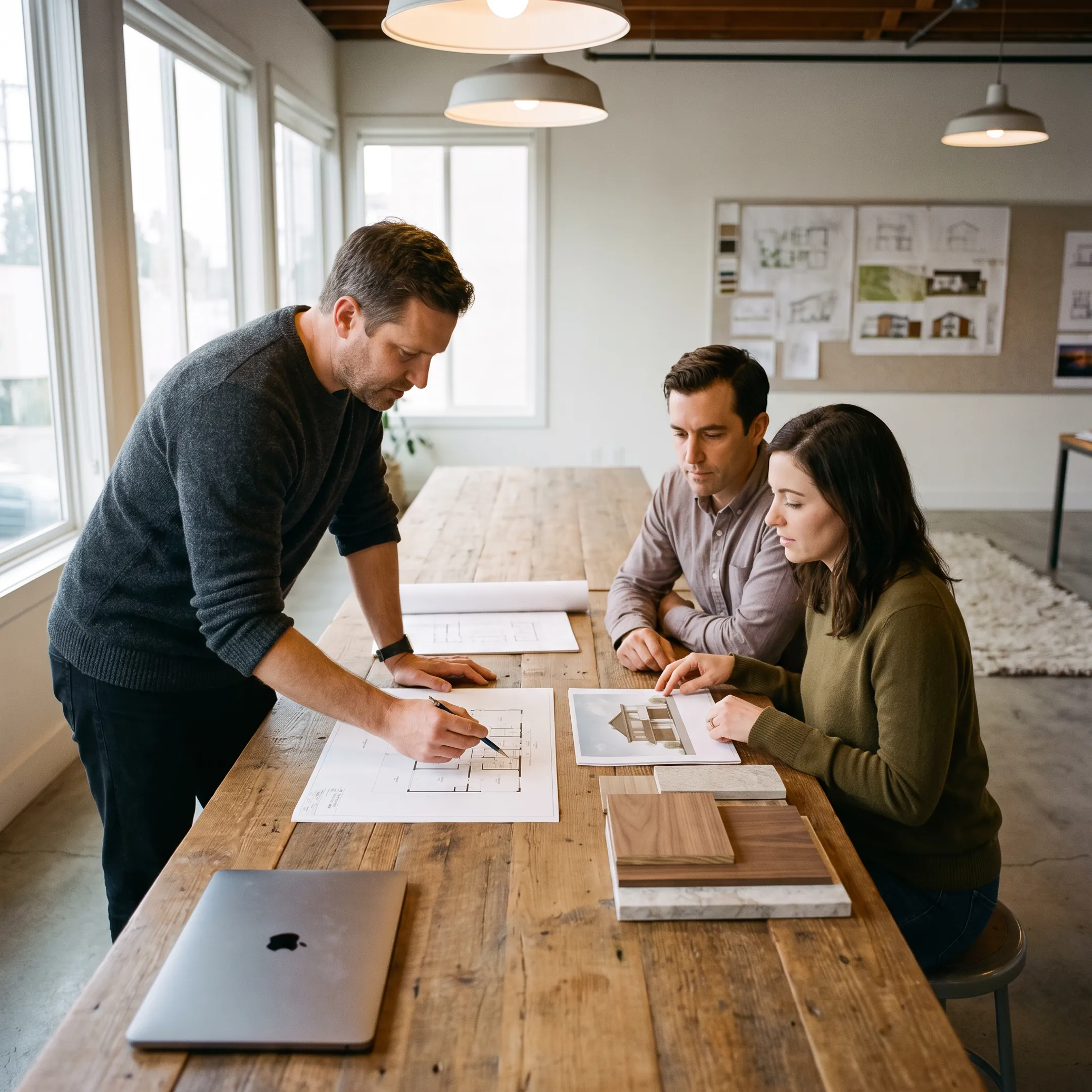 Architect reviewing remodel and new home design options with homeowners