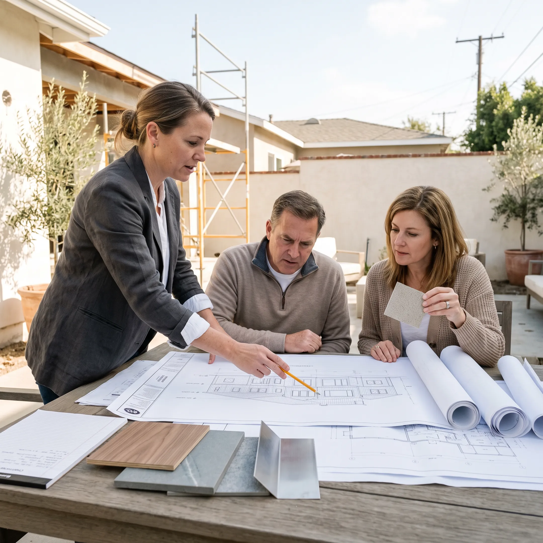 Architect reviewing exterior home remodeling plans with homeowners
