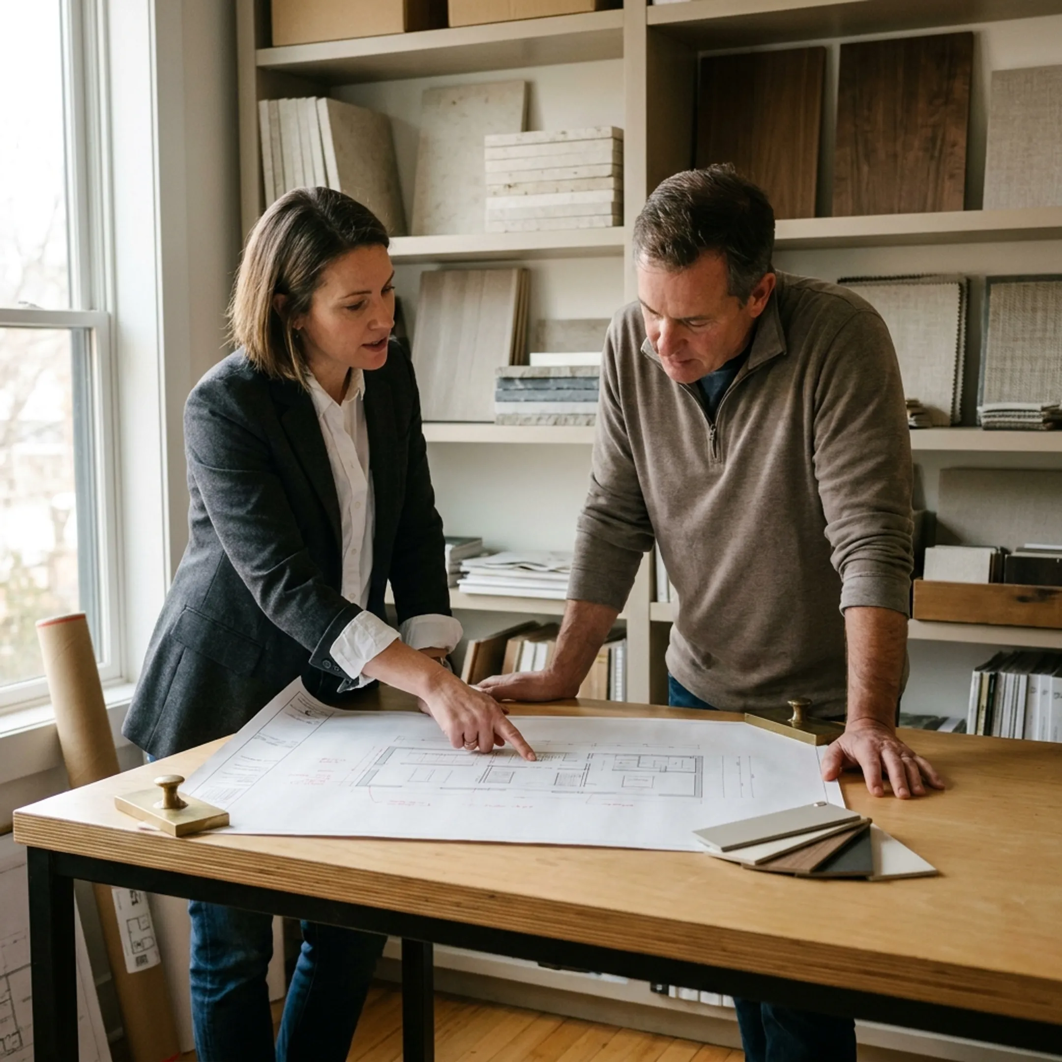 Architect reviewing luxury renovation plans with homeowner