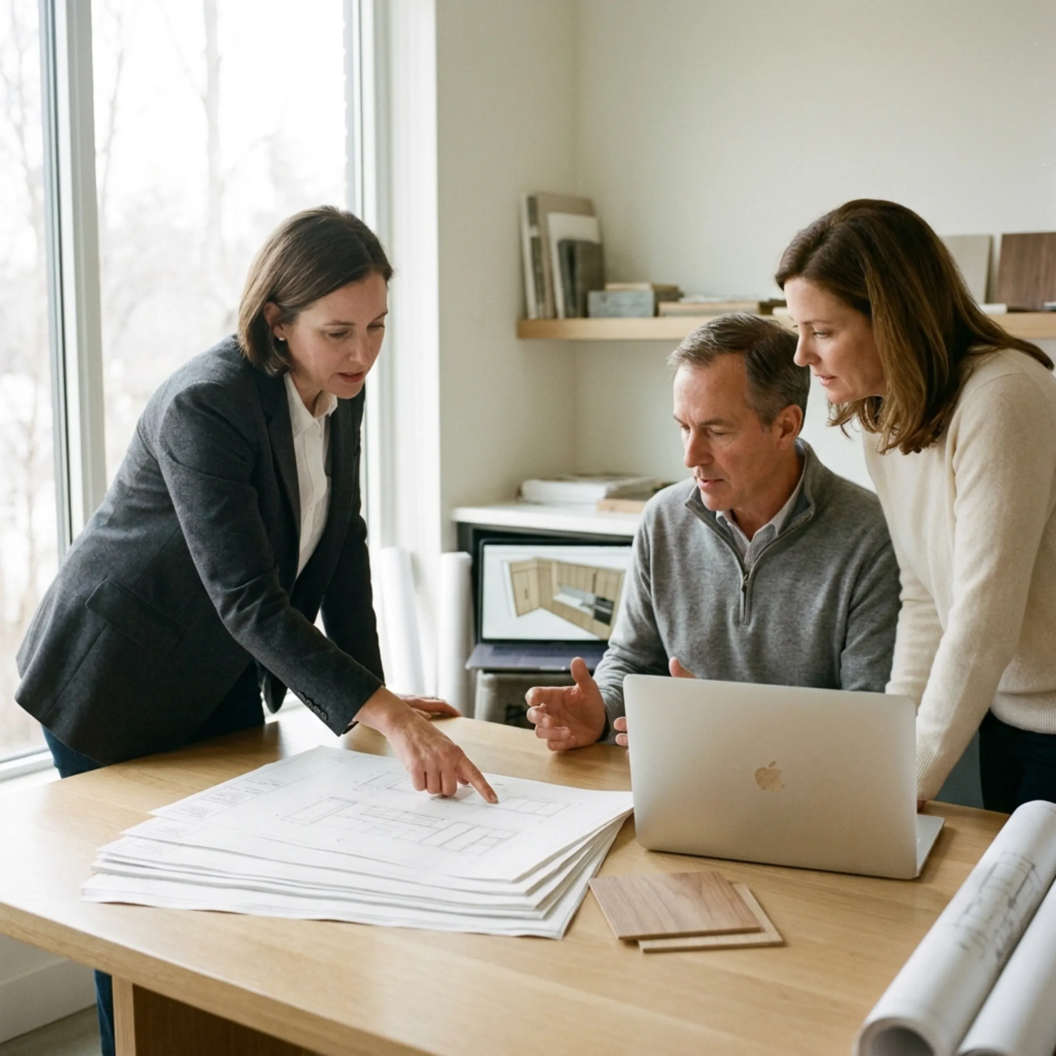 Architect reviewing custom cabinetry plans in a refined residential design studio