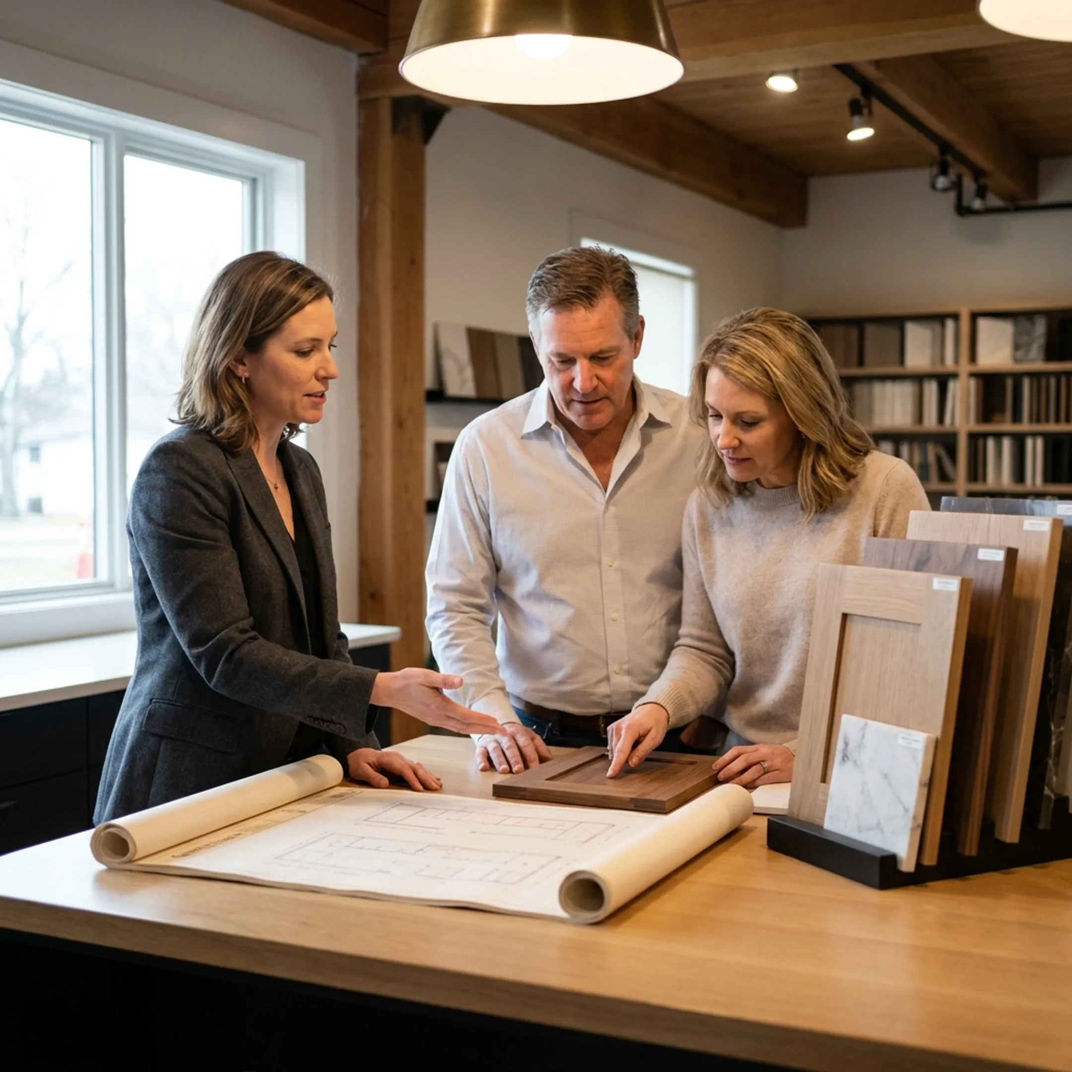 Architect reviewing a custom kitchen remodeling plan with homeowners