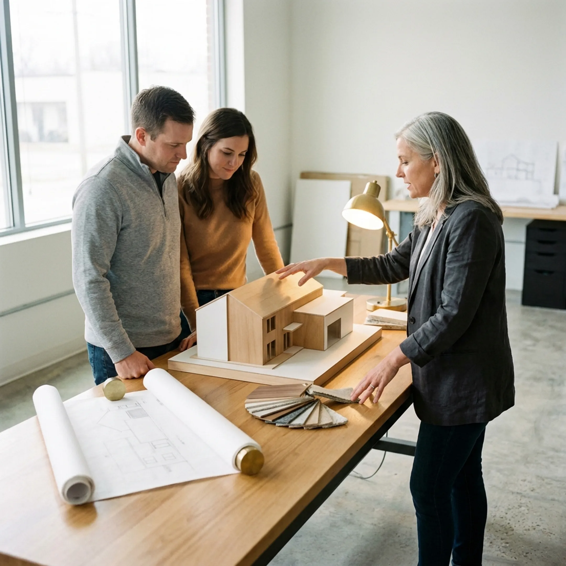 Architect reviewing a high-end custom home design with clients