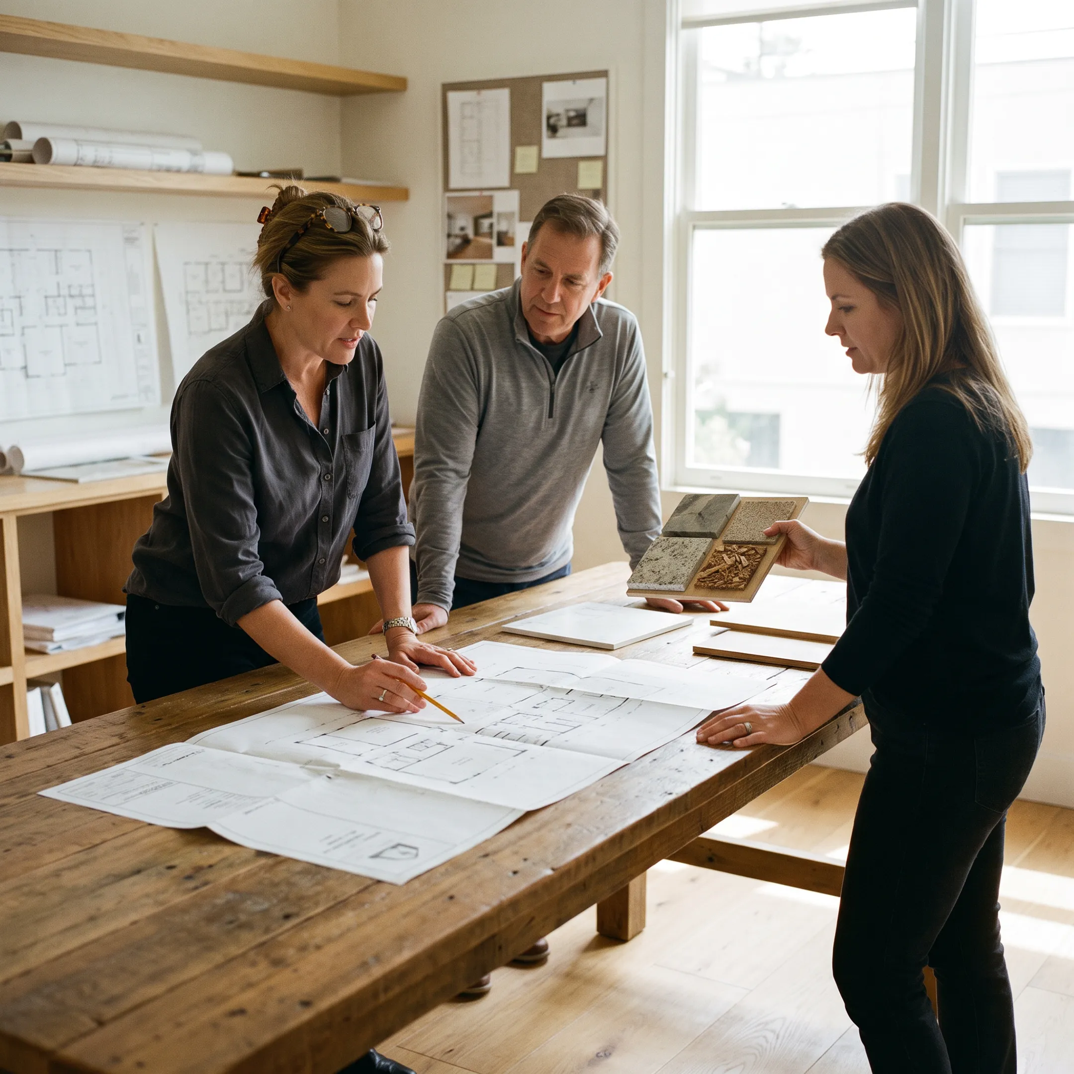 Architect reviewing California residential design plans with homeowners