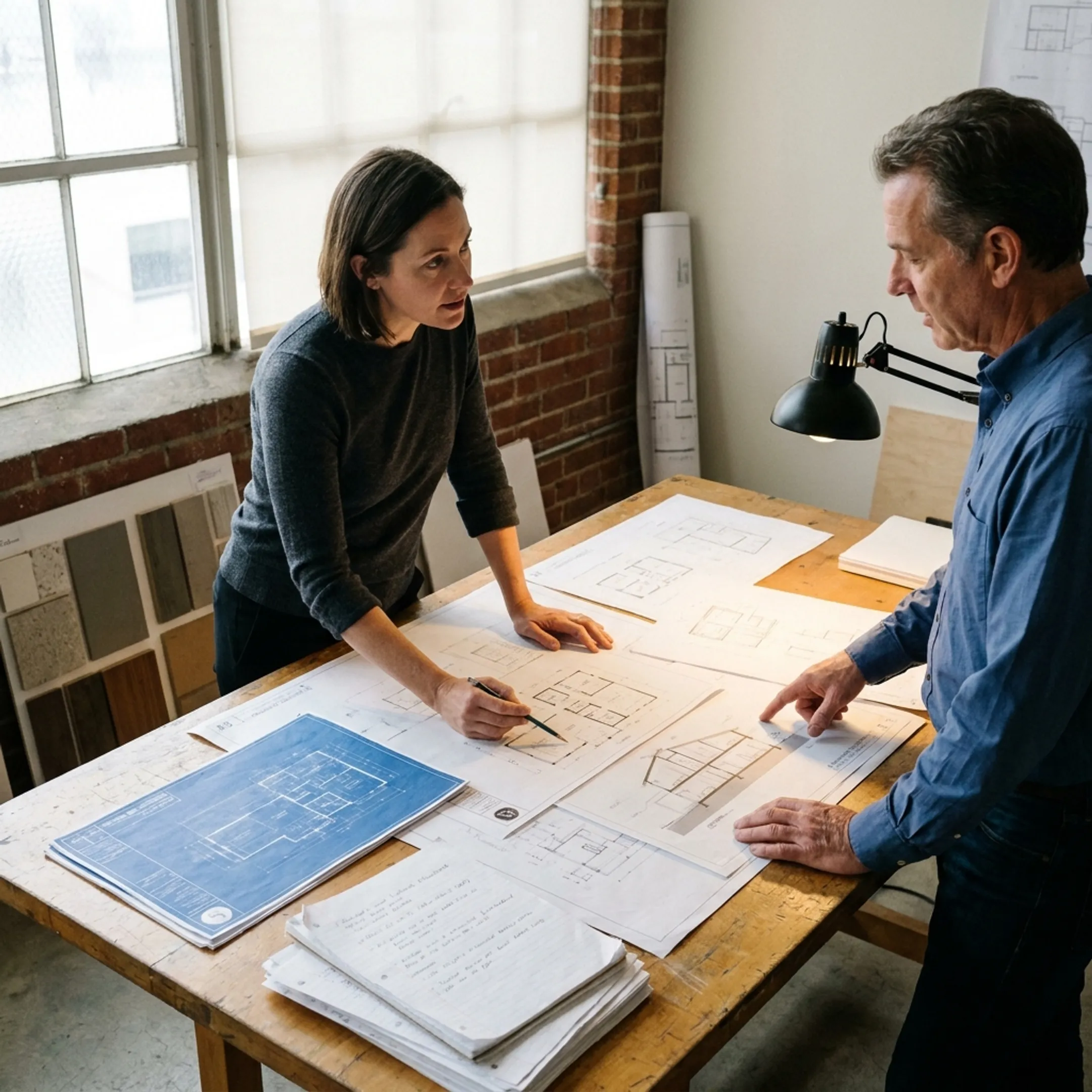 Architect coordinating residential permit plans and design documents