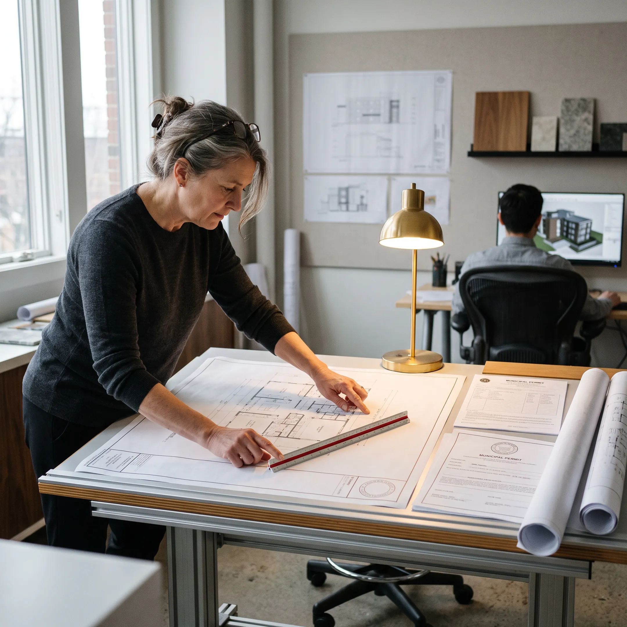 Architect reviewing residential permit drawings at a design studio