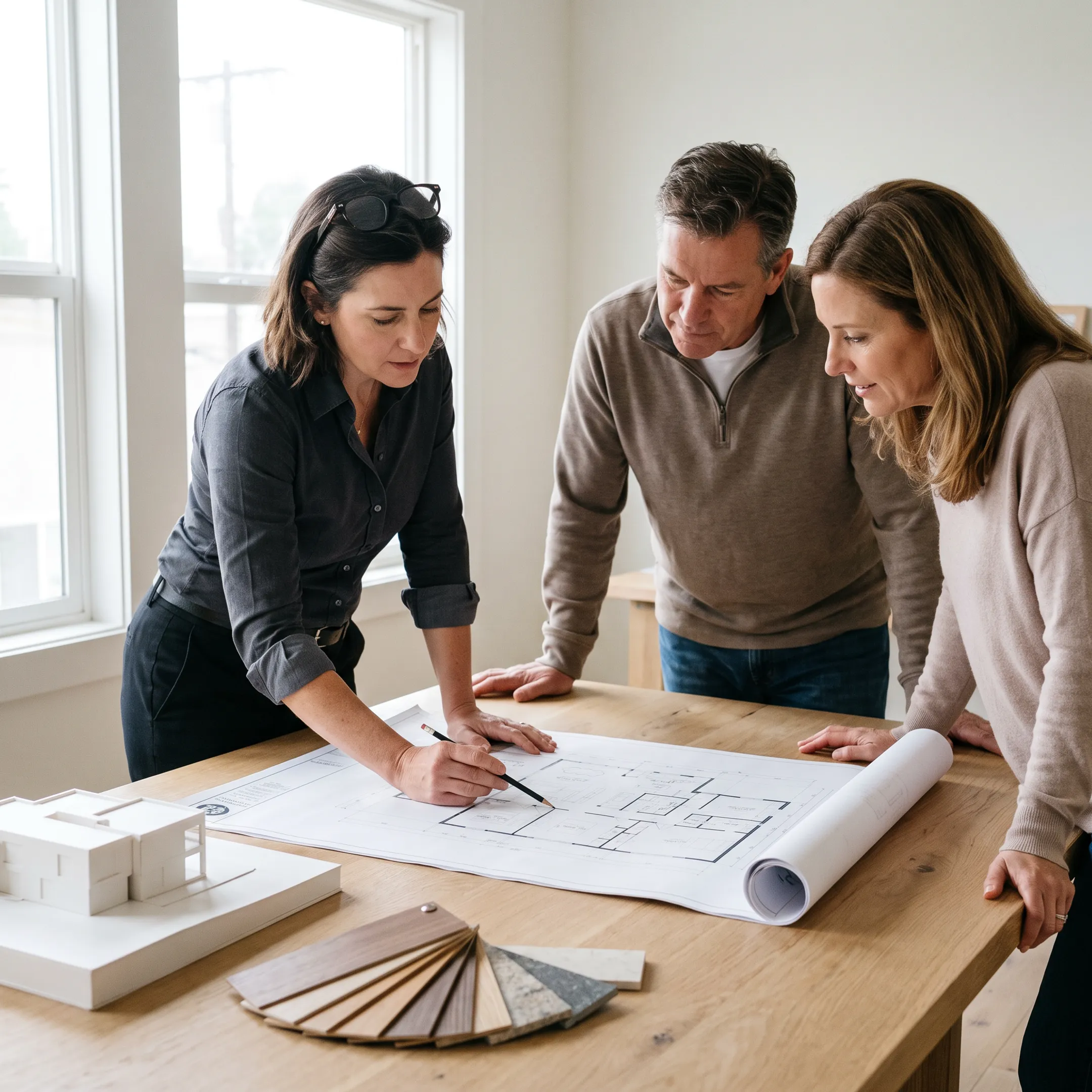 Architect reviewing residential design plans with homeowners