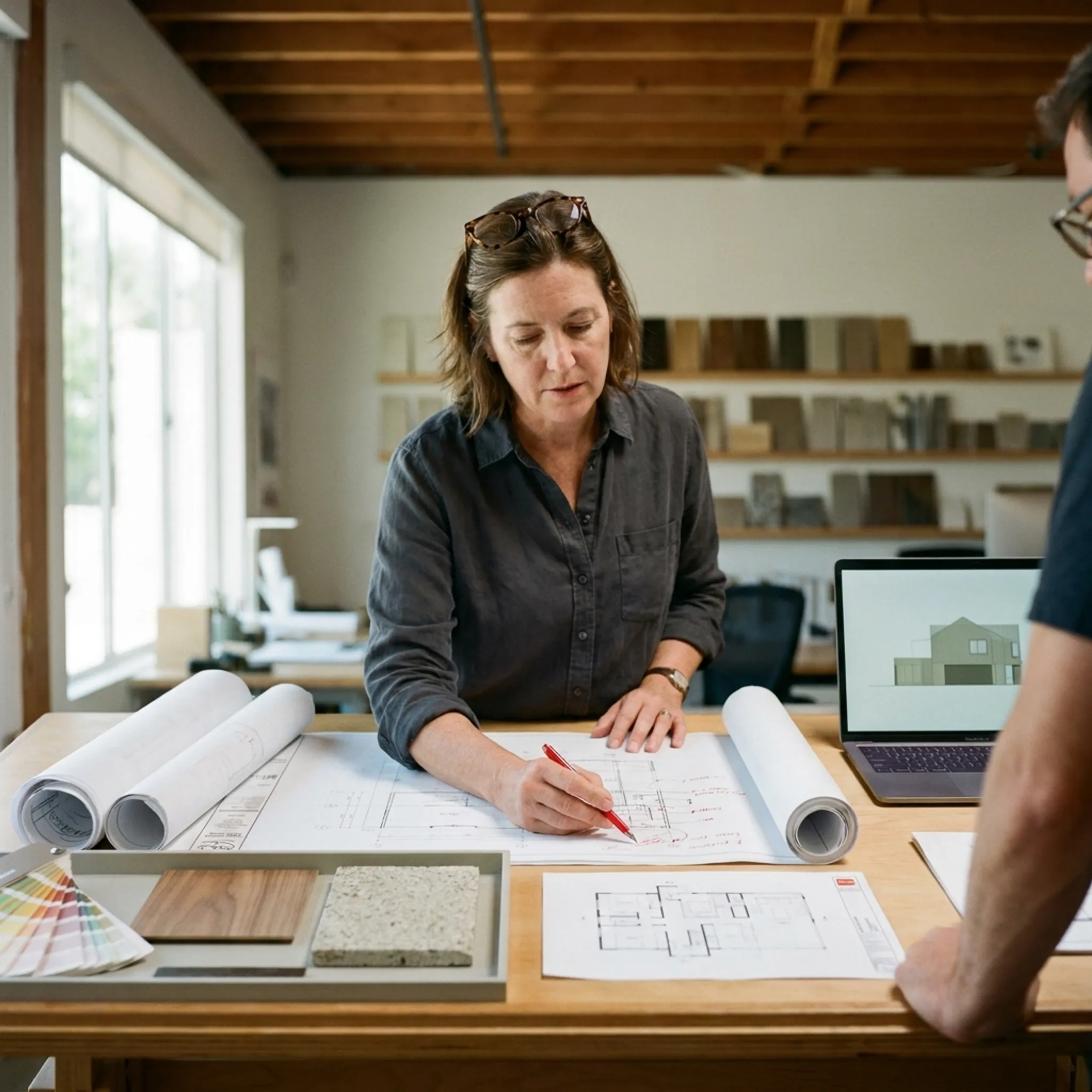Architect coordinating residential permit documents with project materials