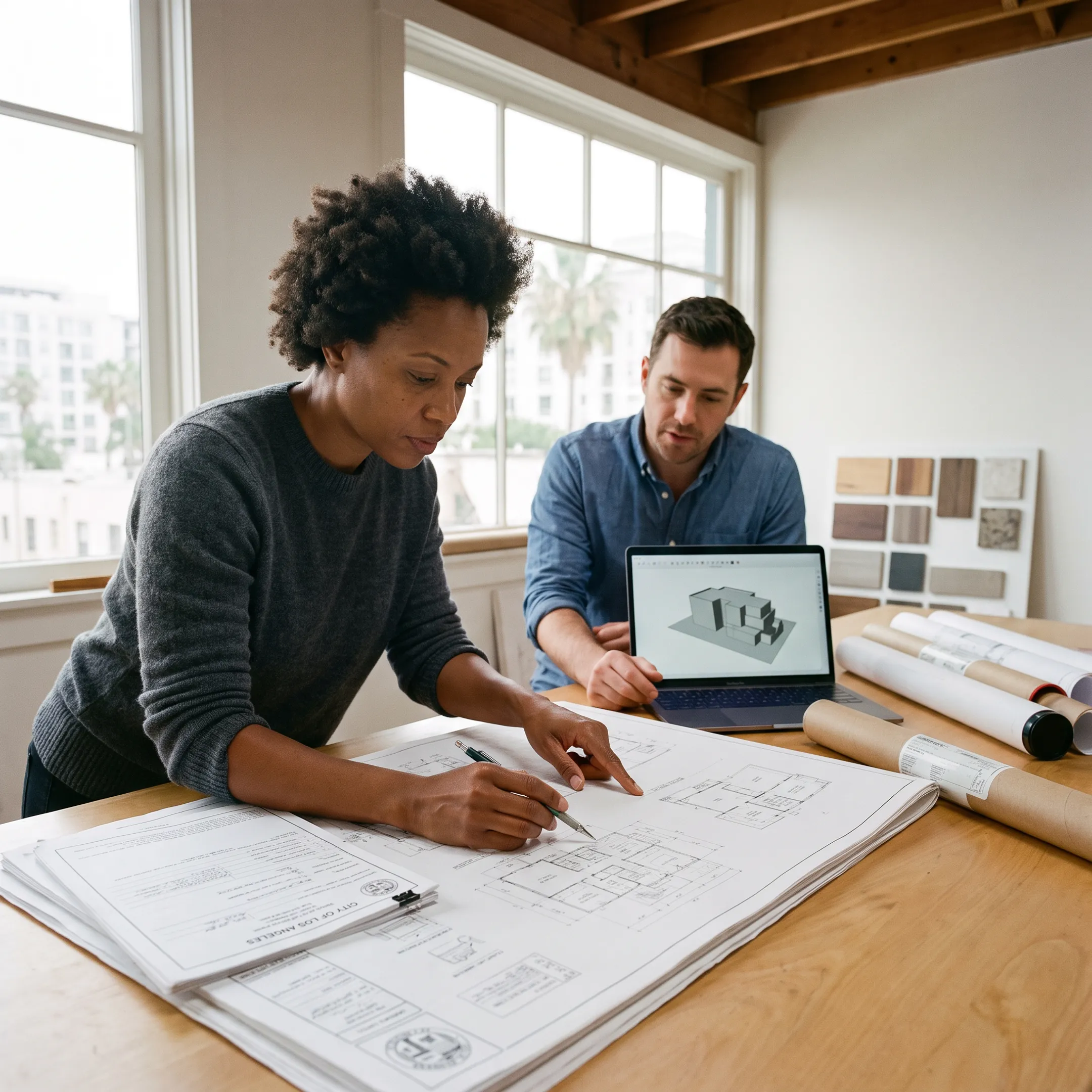 Architect reviewing residential building permit plans at a desk