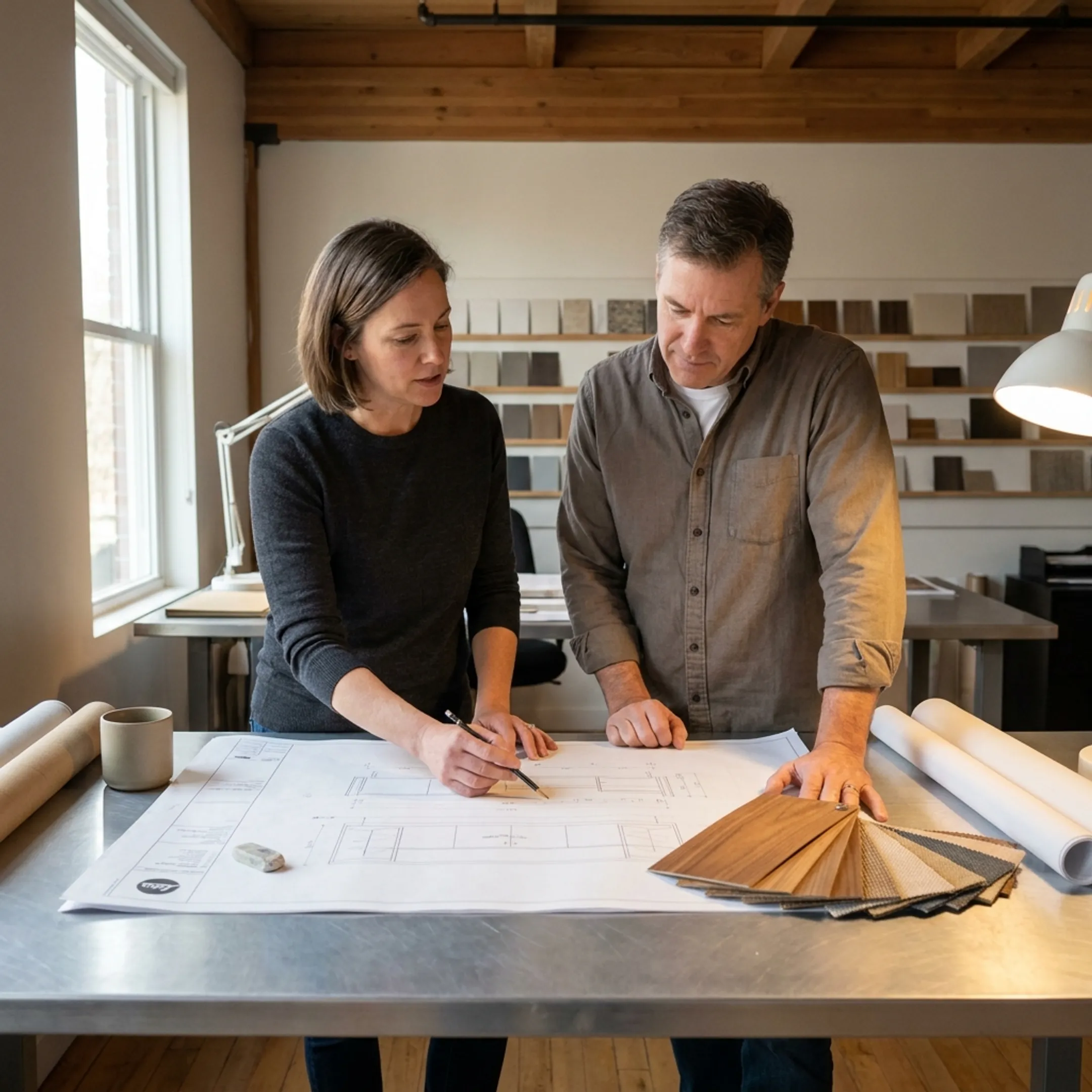 Designer reviewing custom furniture plans with a homeowner