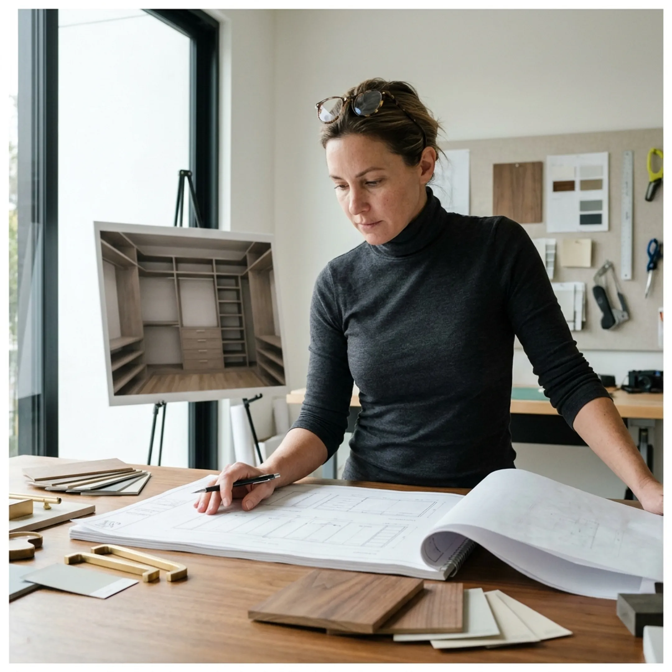Designer reviewing custom walk-in closet cabinetry plans