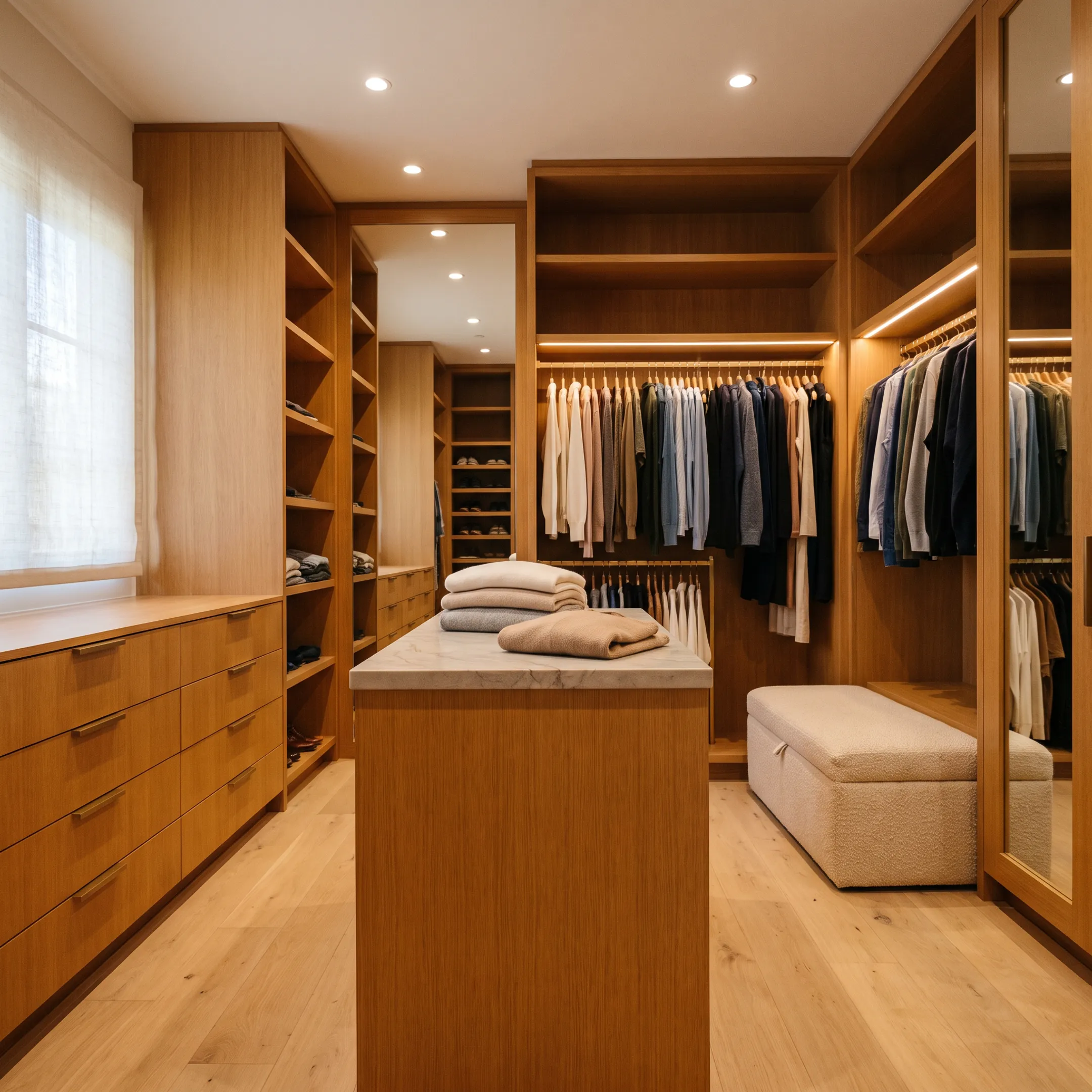 Elegant custom walk-in closet with integrated cabinetry and built-in storage