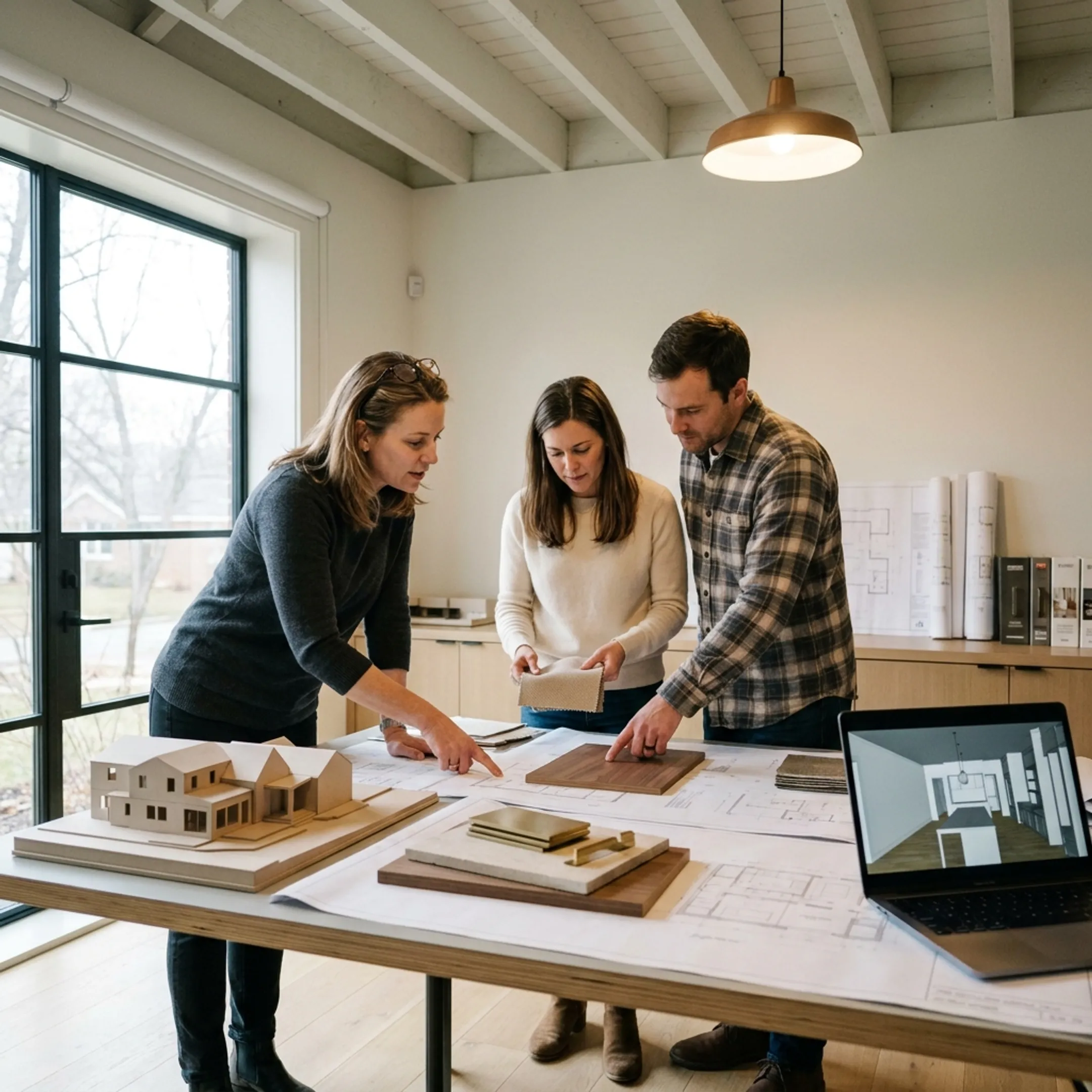 Designer reviewing a refined residential renovation with custom built-ins