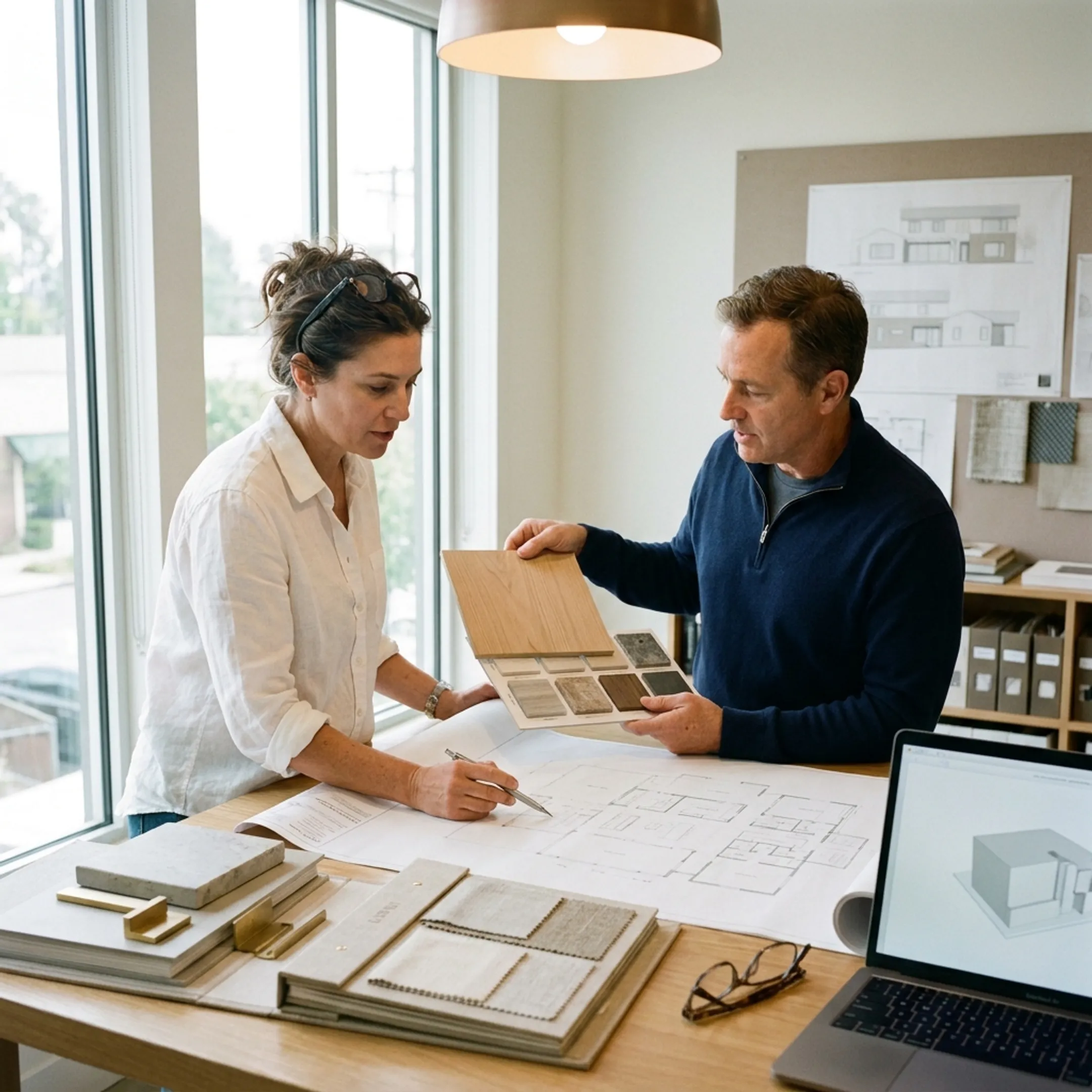 Architect reviewing home remodeling plans with a homeowner