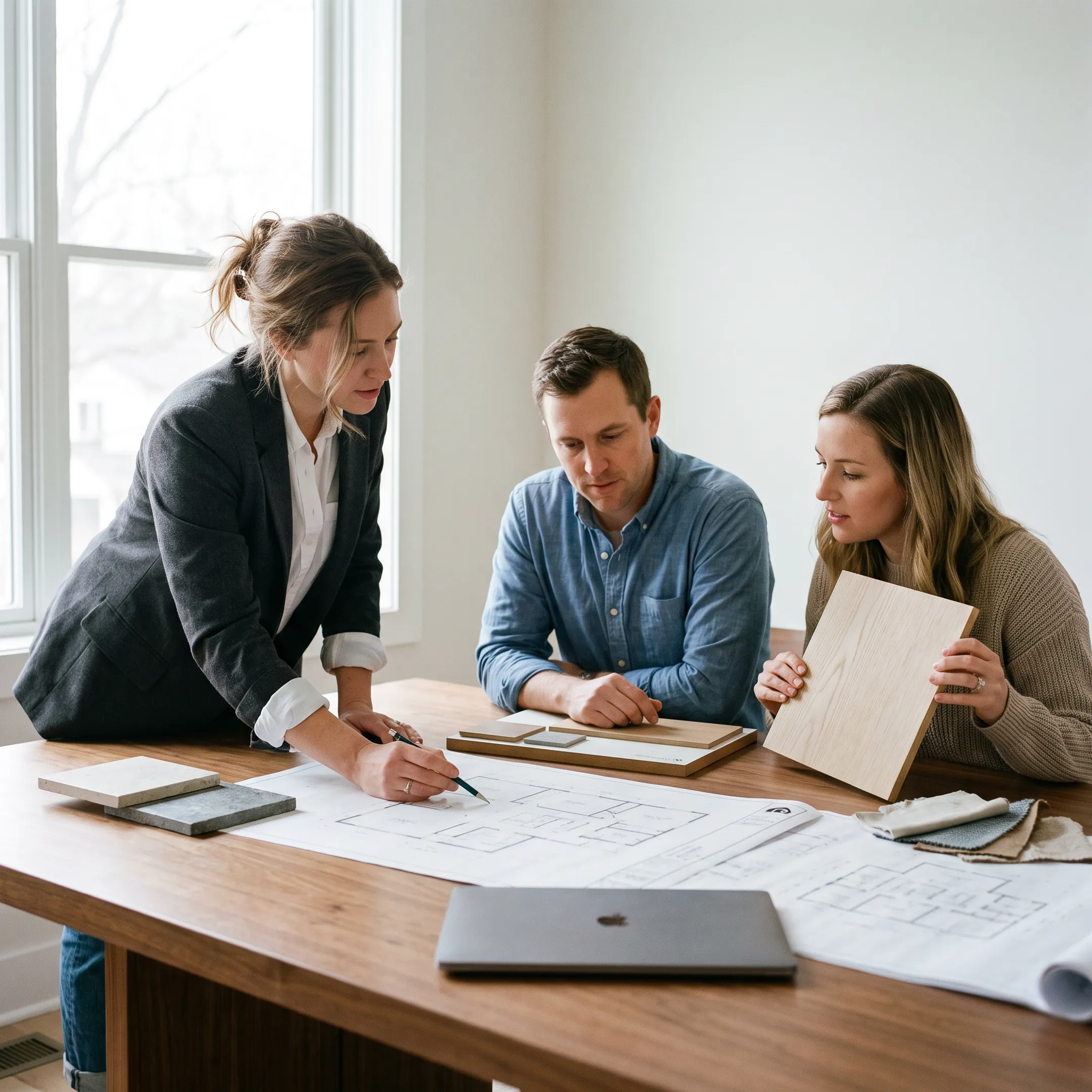 Architect reviewing a residential renovation plan with a homeowner