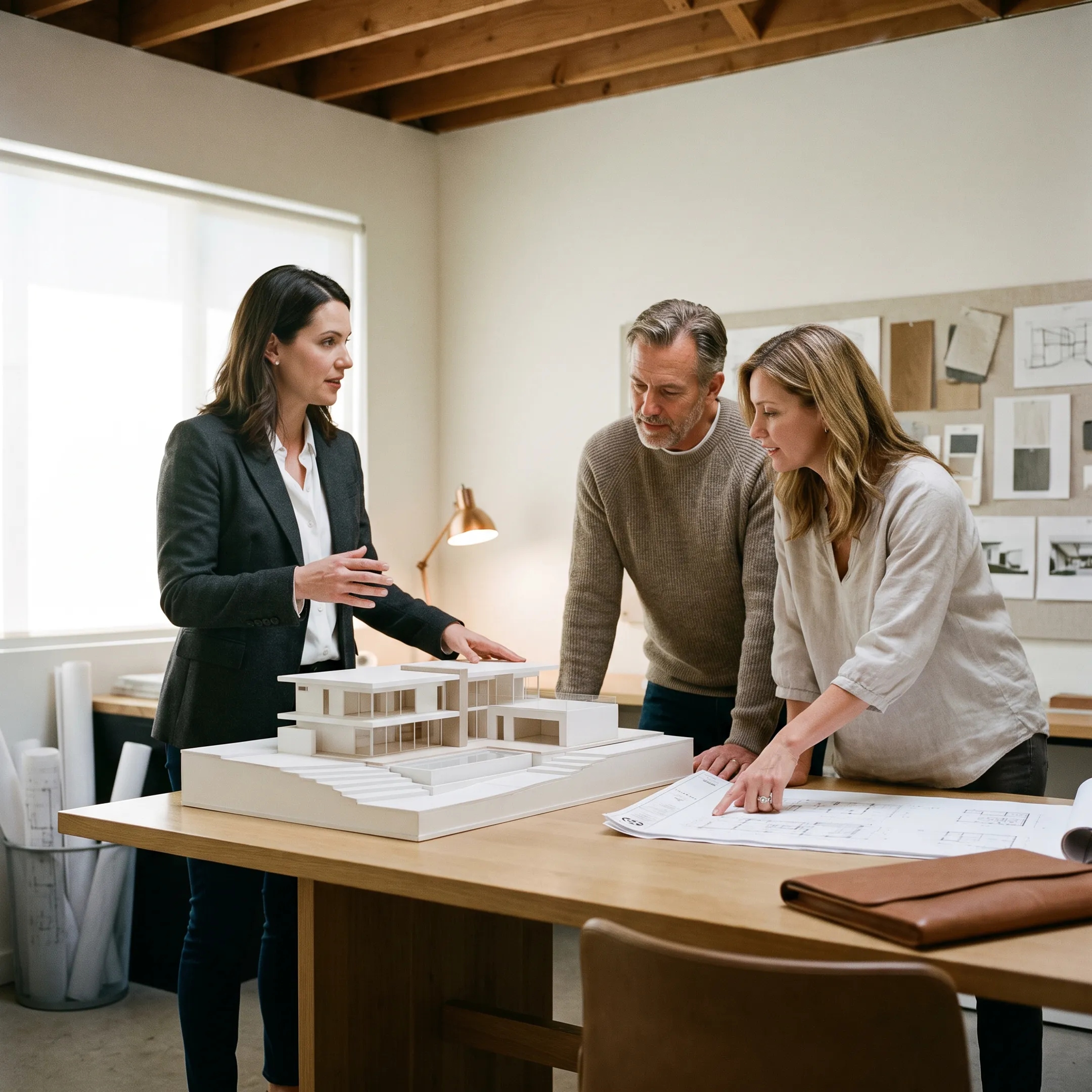 Architect reviewing a custom Pasadena home design with homeowners