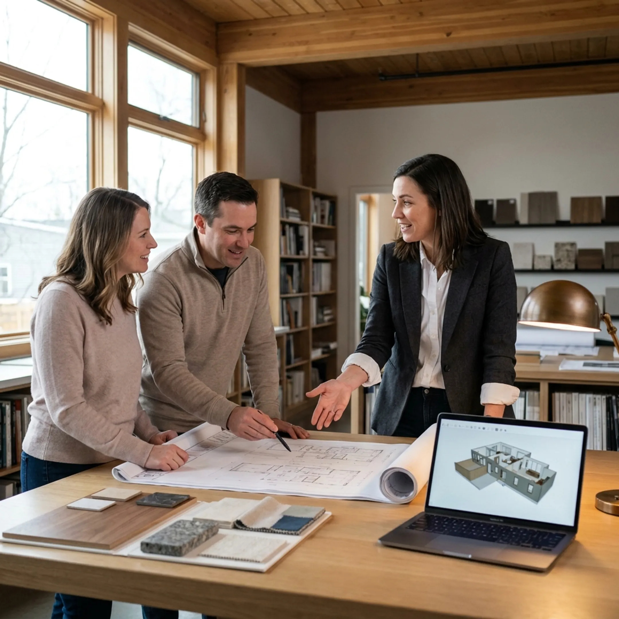 Architect reviewing a custom residential design with clients