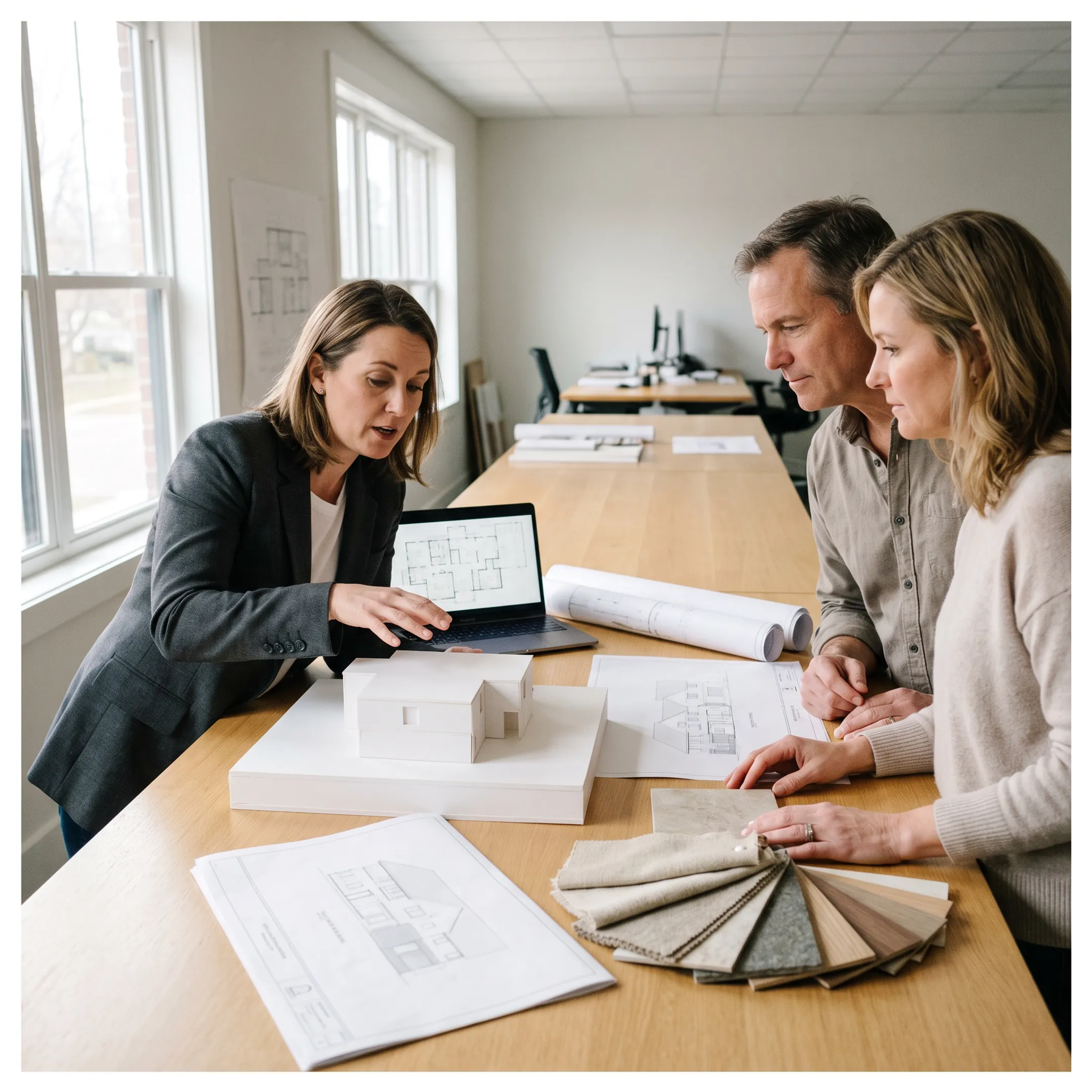 Architect reviewing residential renovation plans with homeowners