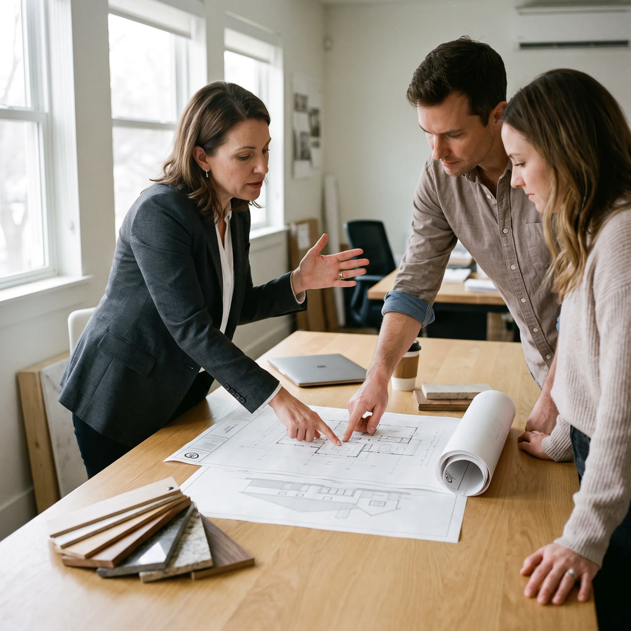 Architect reviewing whole home renovation plans with homeowners