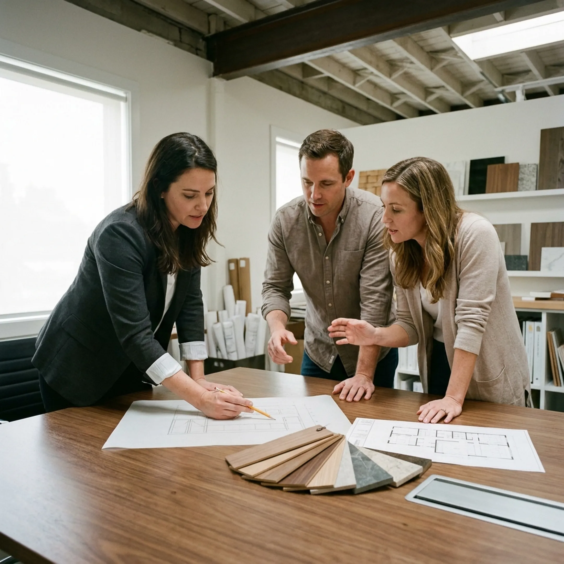 Designer reviewing a custom kitchen concept with cabinetry details