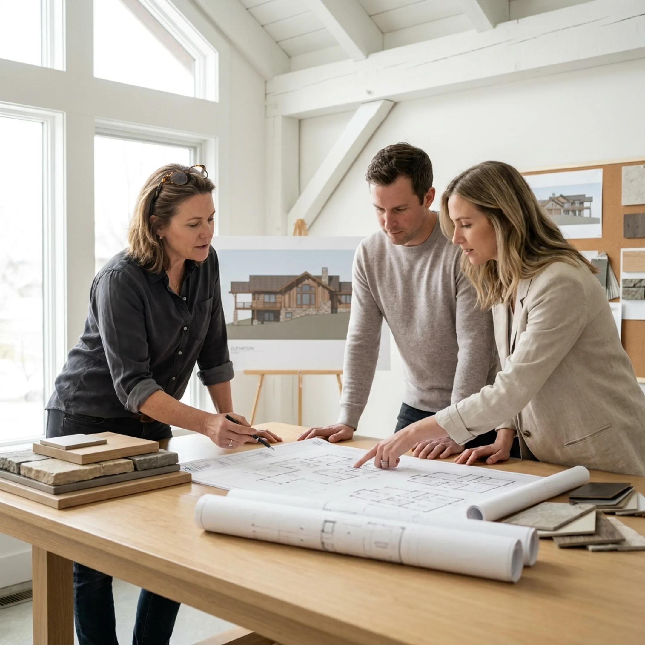 Architect reviewing custom Colorado home plans with homeowners
