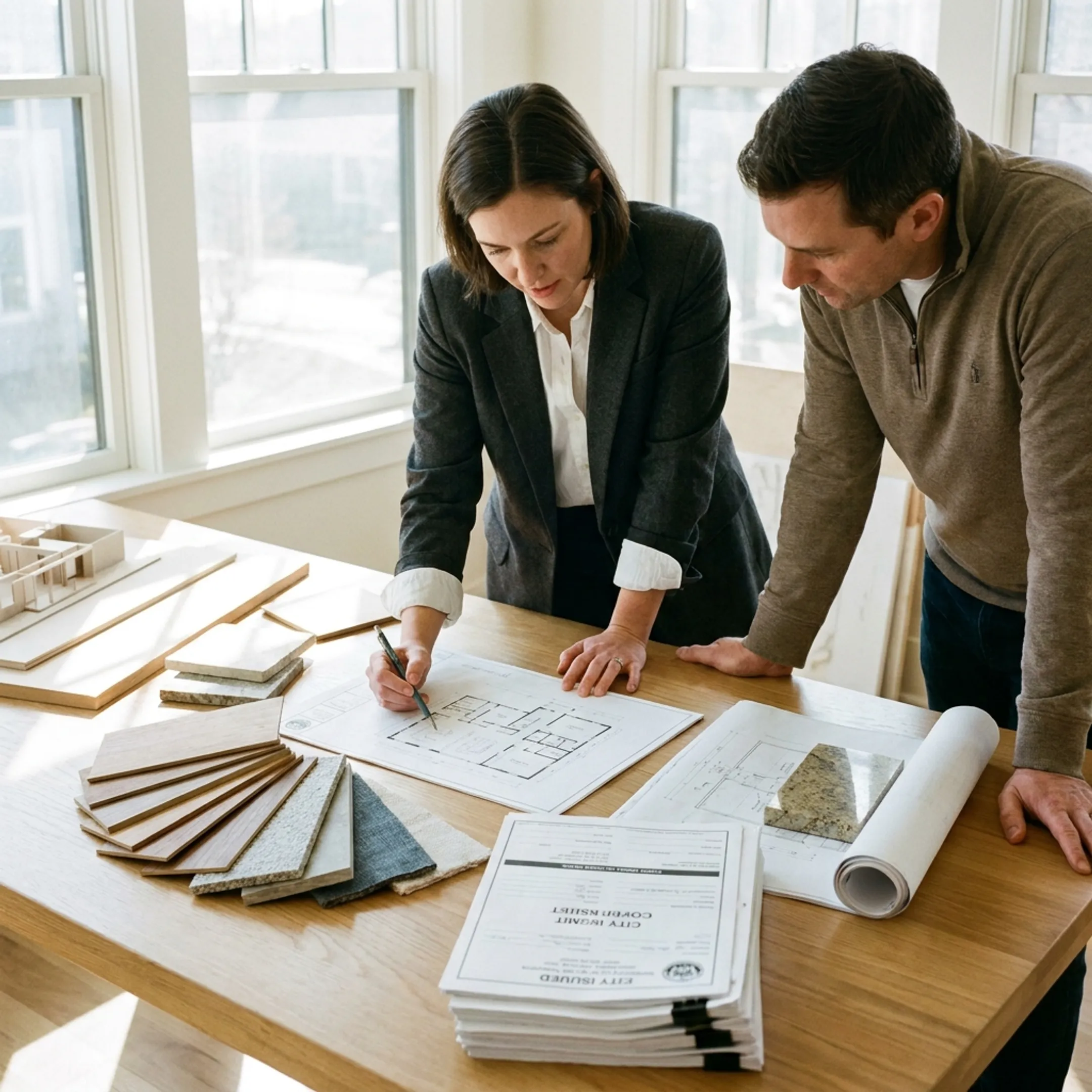 Architect reviewing Santa Monica residential plans with homeowner