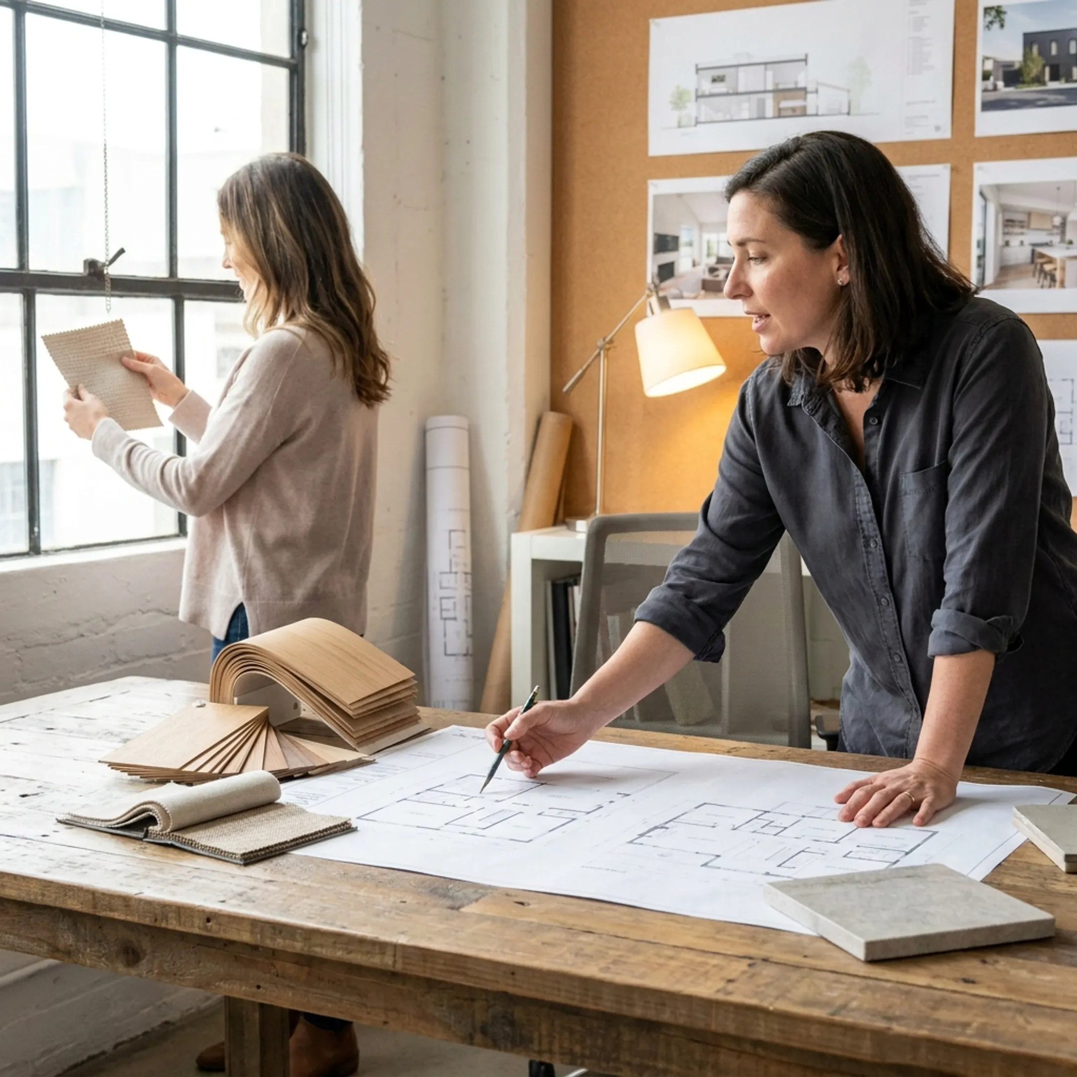 Architect reviewing a residential renovation plan with homeowners