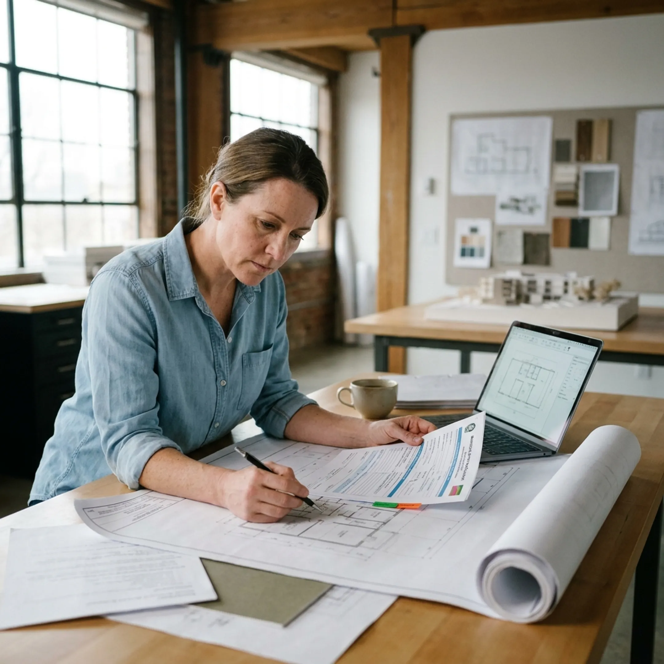 Architect coordinating residential permit documents and design plans