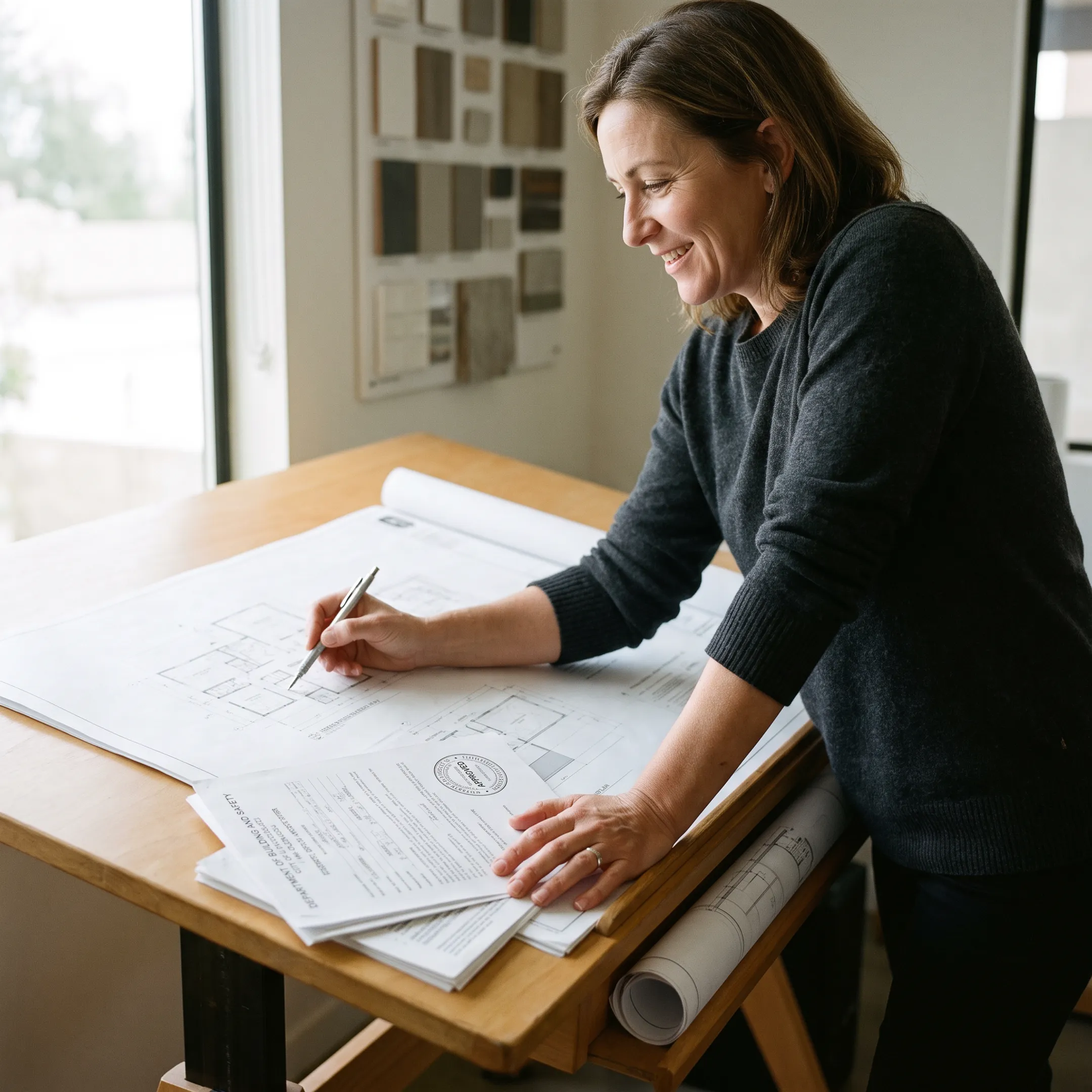 Architect reviewing residential building permit plans at a desk