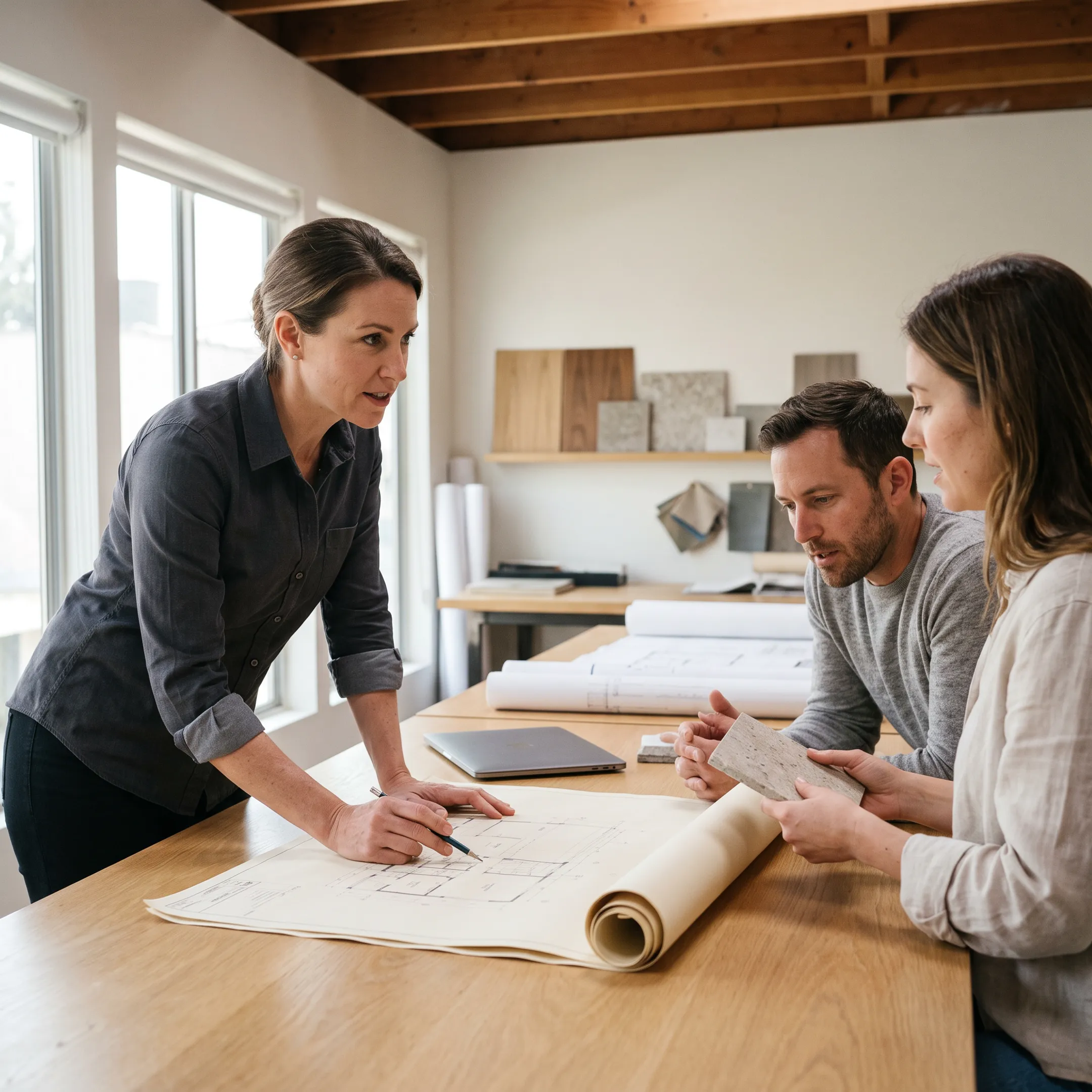 Architect reviewing a residential remodeling design with homeowners