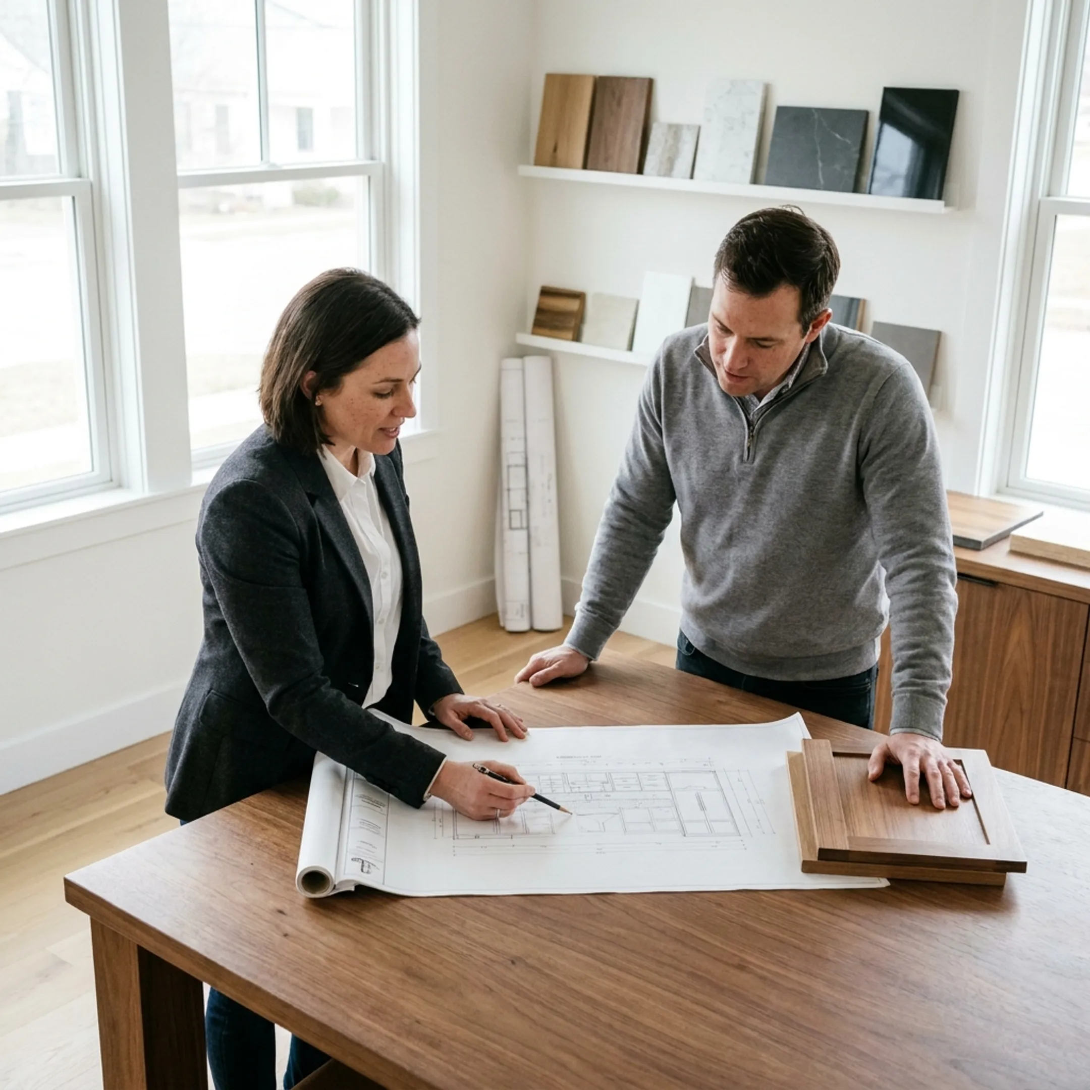 Architect reviewing custom kitchen renovation plans