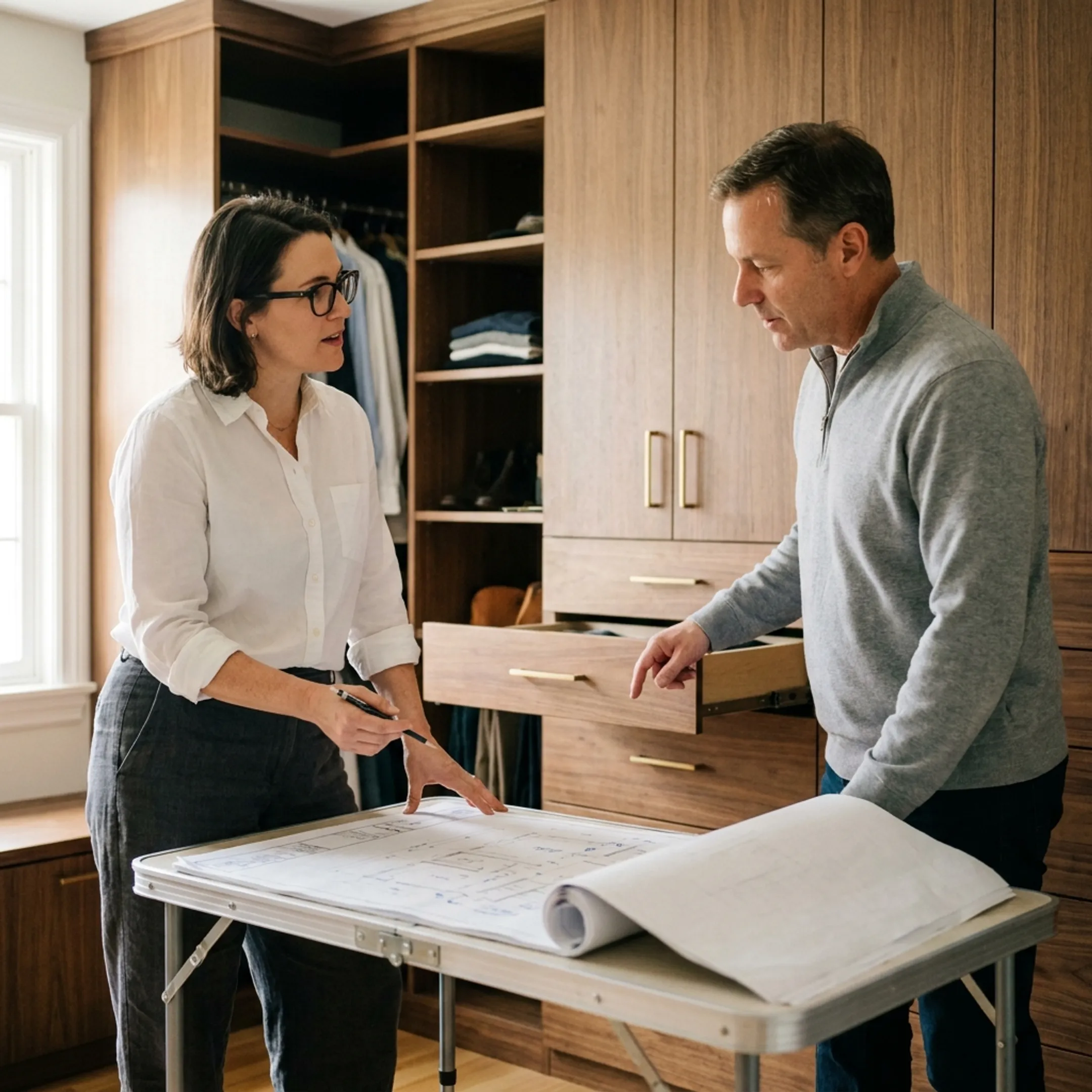 Architect reviewing custom closet cabinetry plans with a homeowner