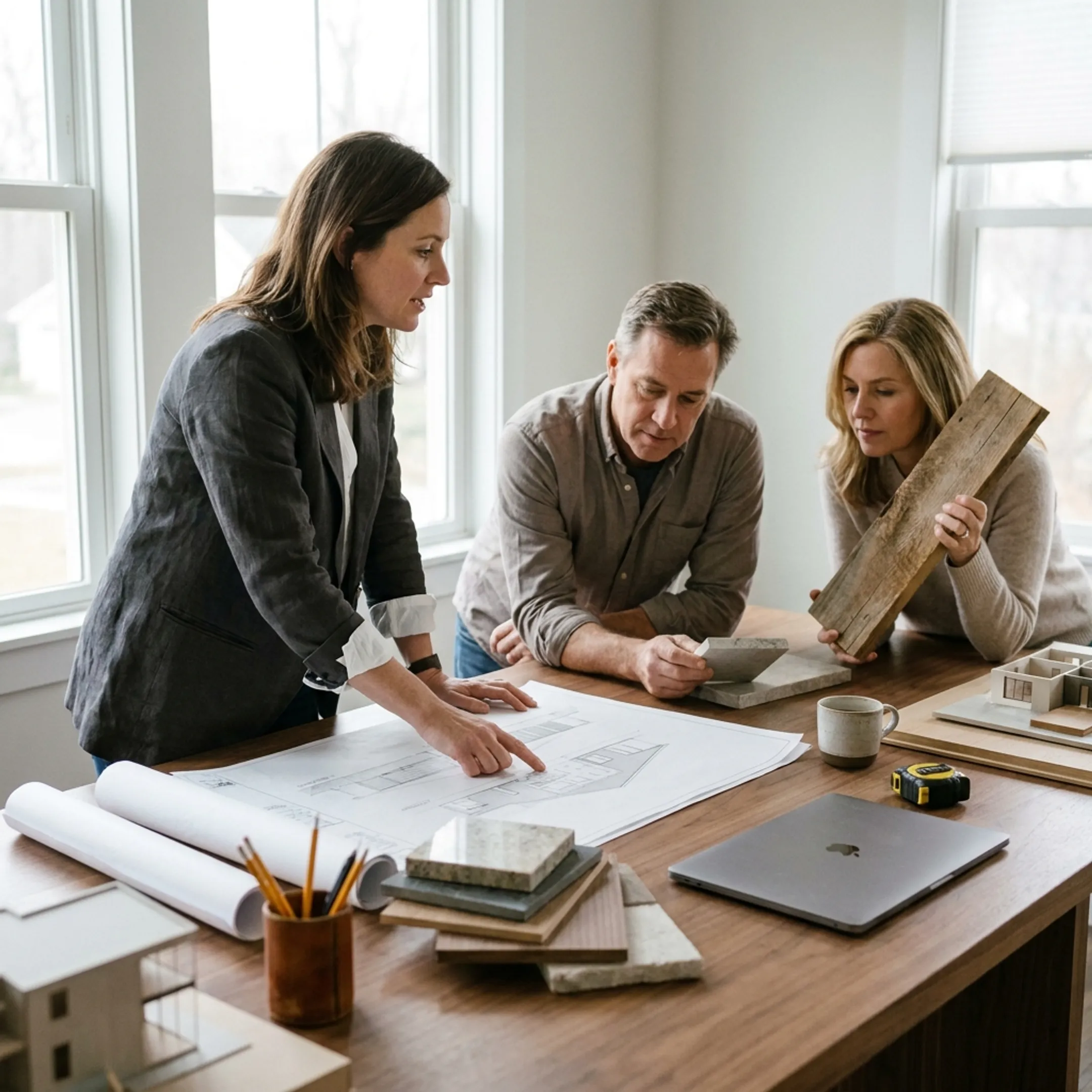 Architect reviewing residential restoration plans with homeowners