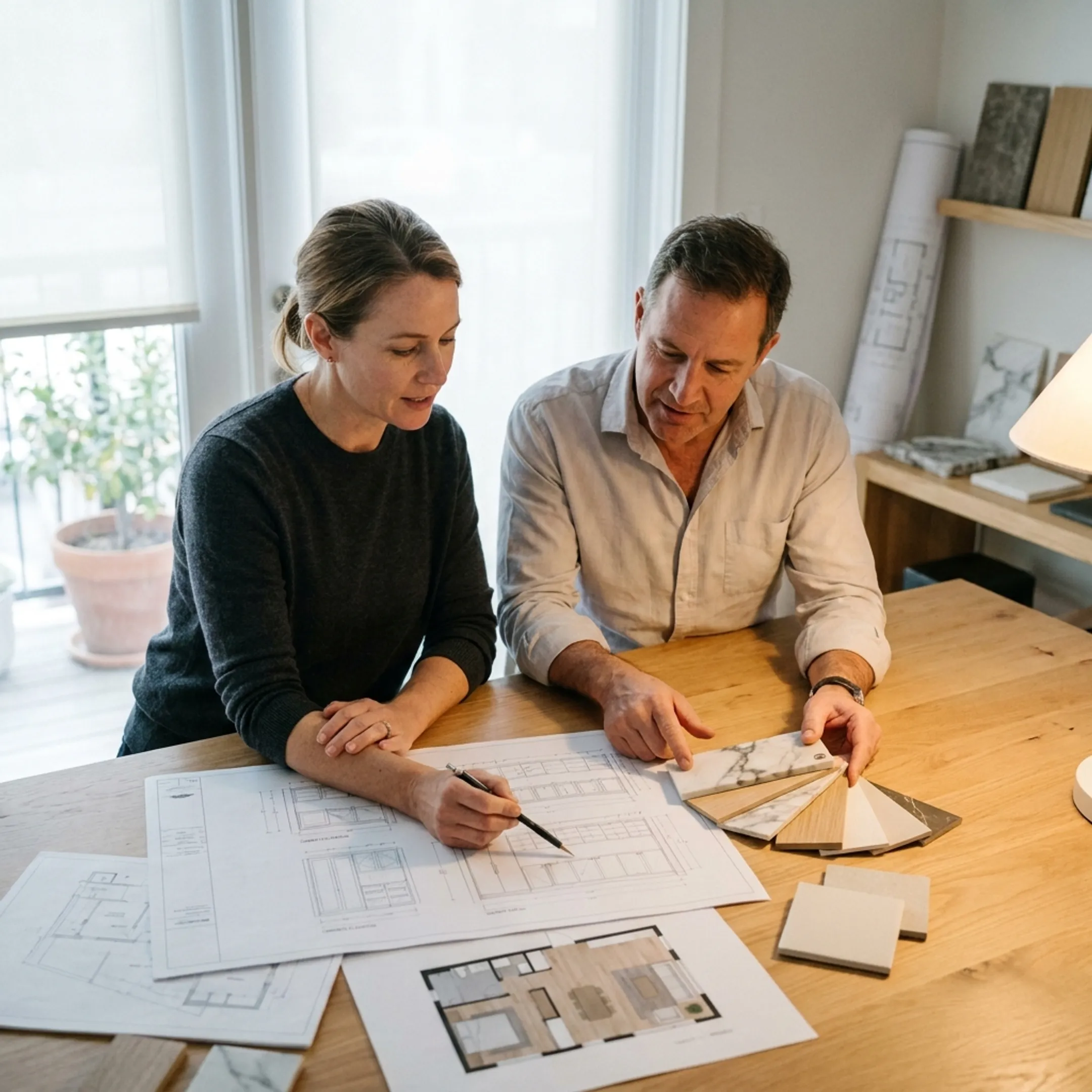 Designer reviewing a detailed bathroom renovation plan