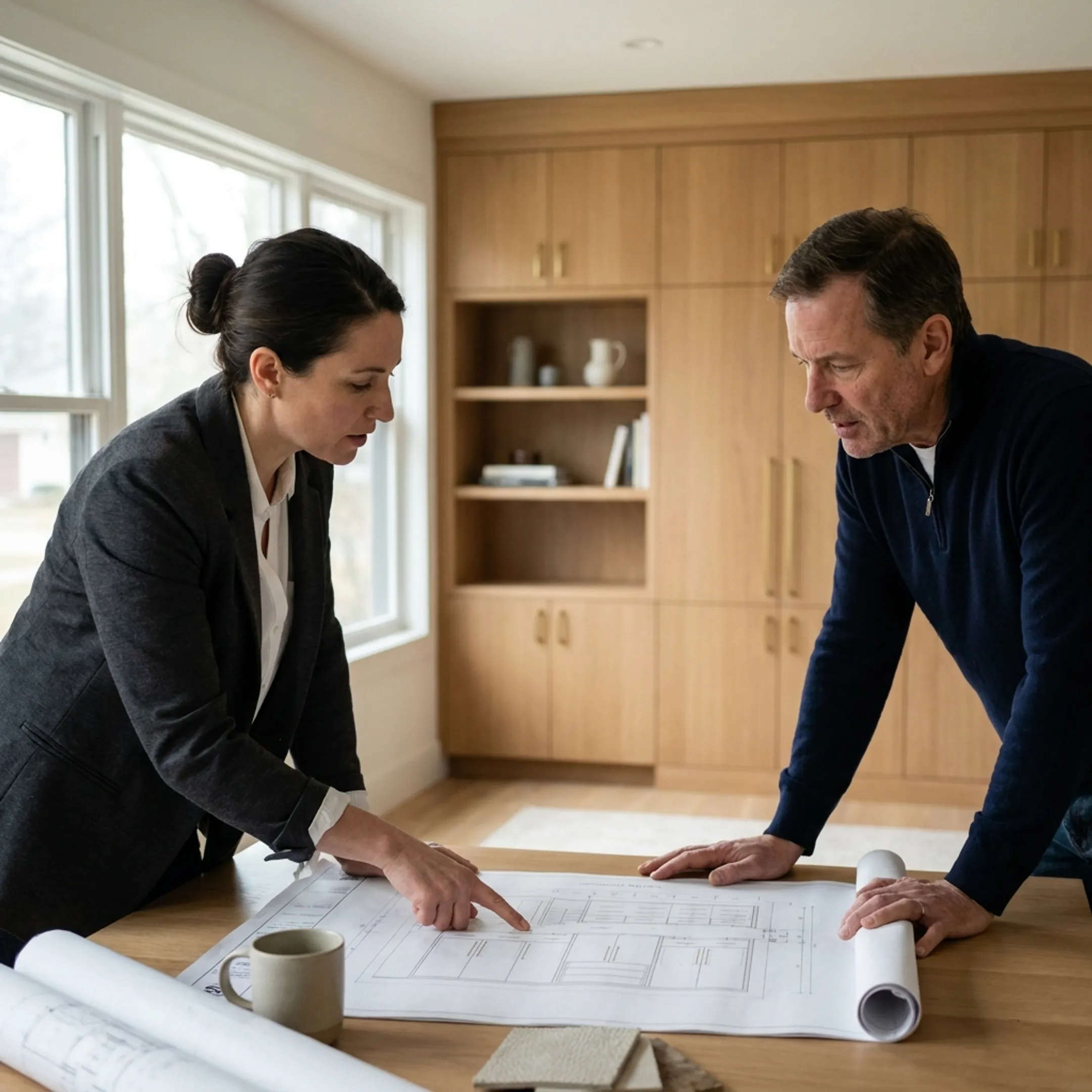 Architect reviewing custom built-in cabinetry design
