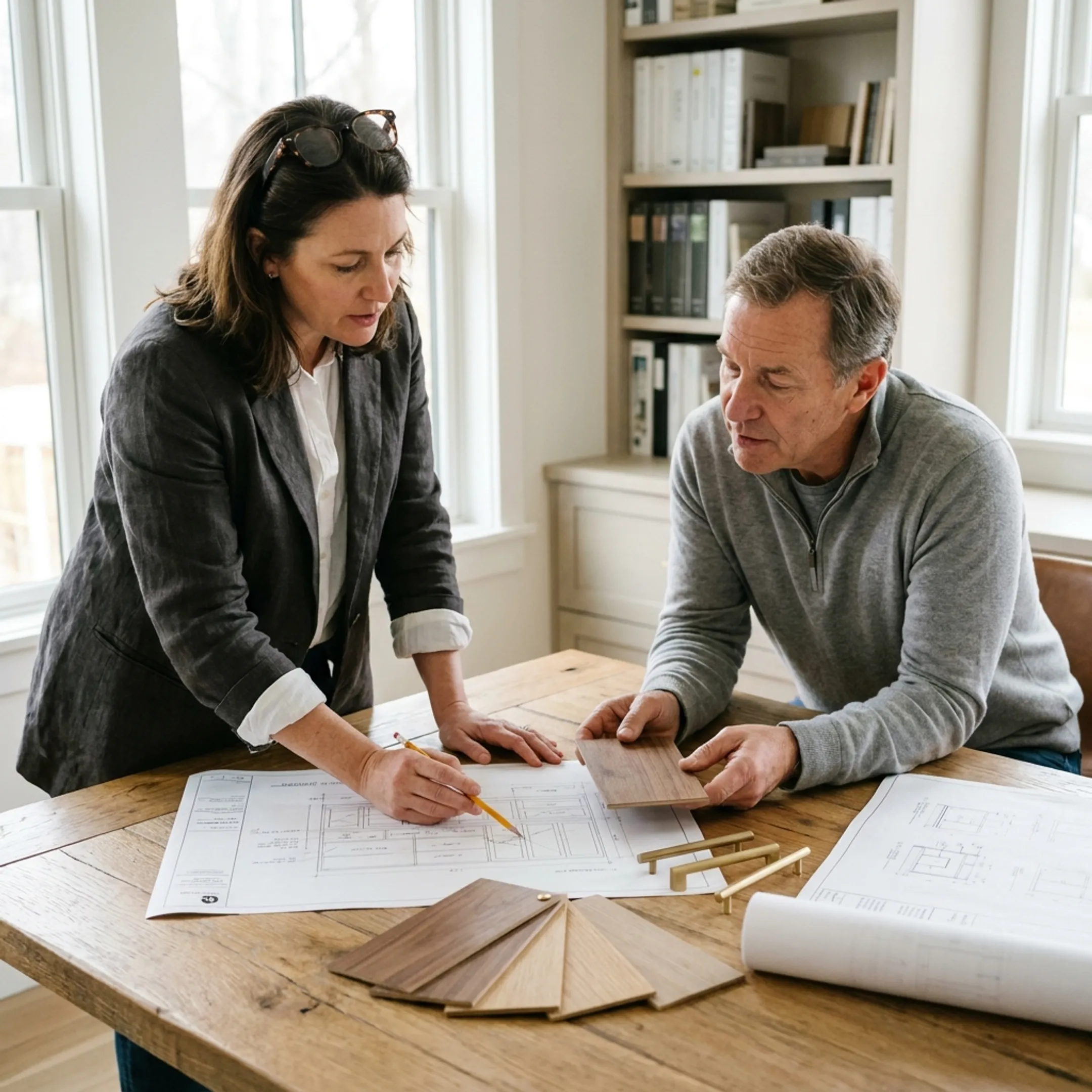 Designer reviewing custom cabinetry details in a residential interior