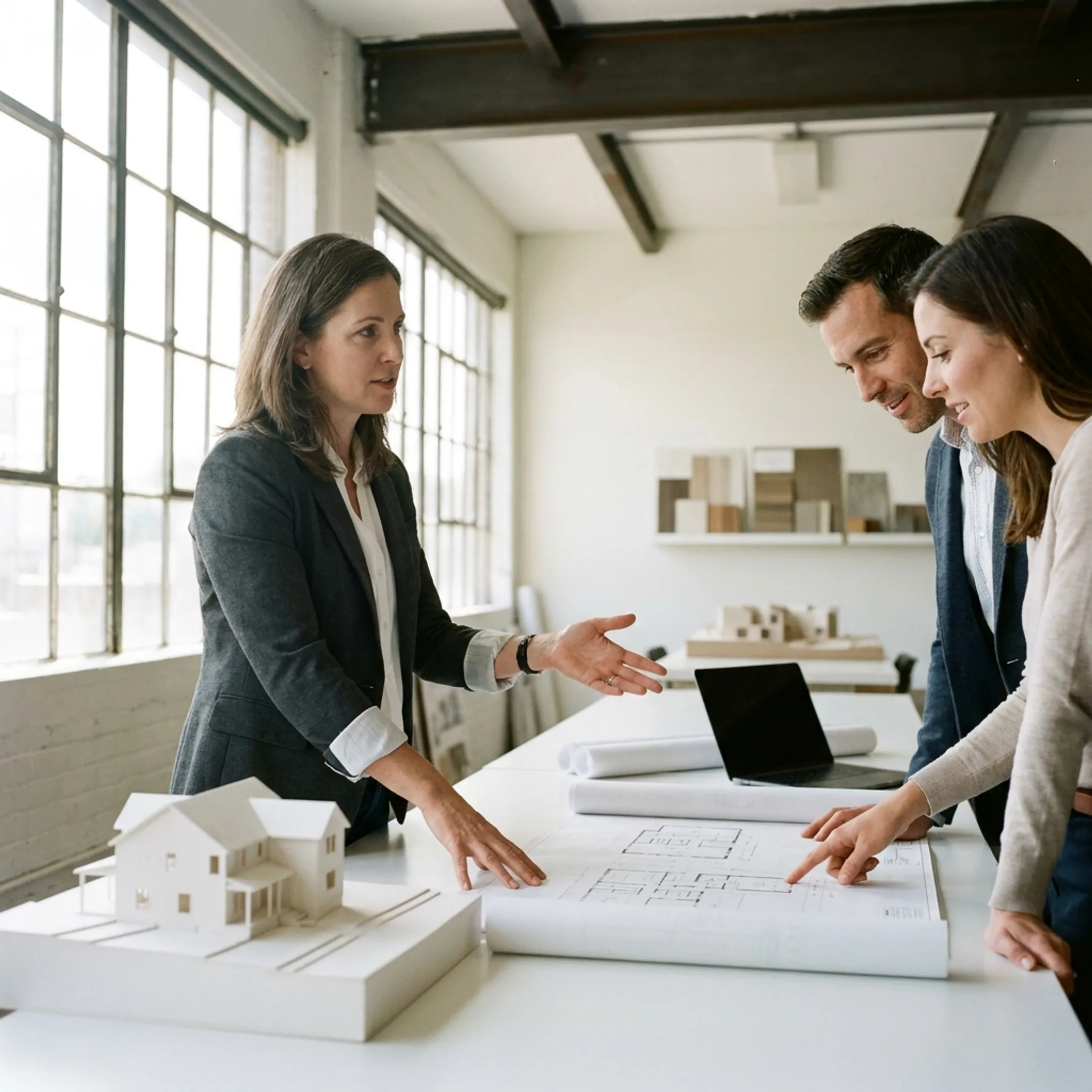Residential designer presenting architectural plans and 3D model