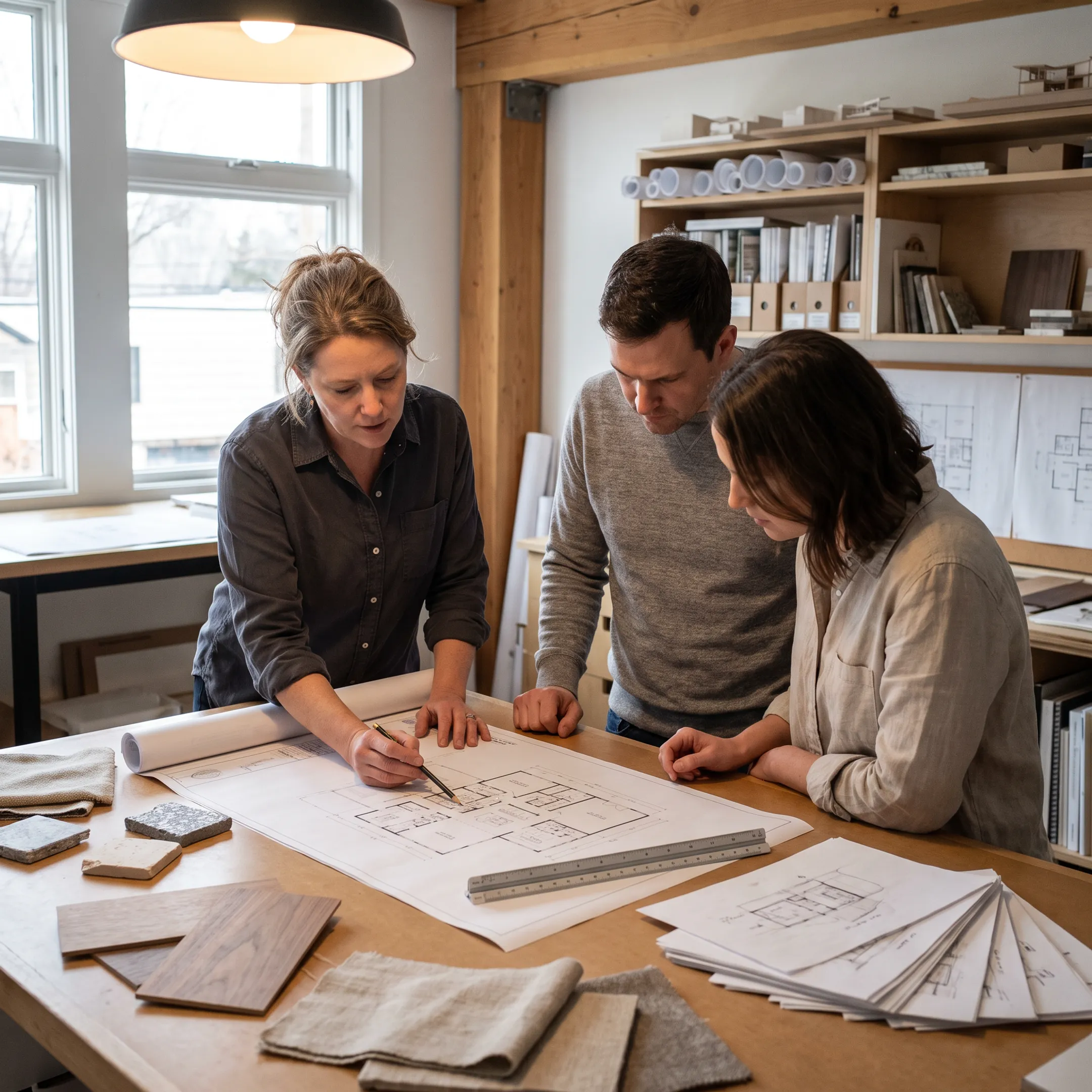 Architect reviewing residential plans with homeowner