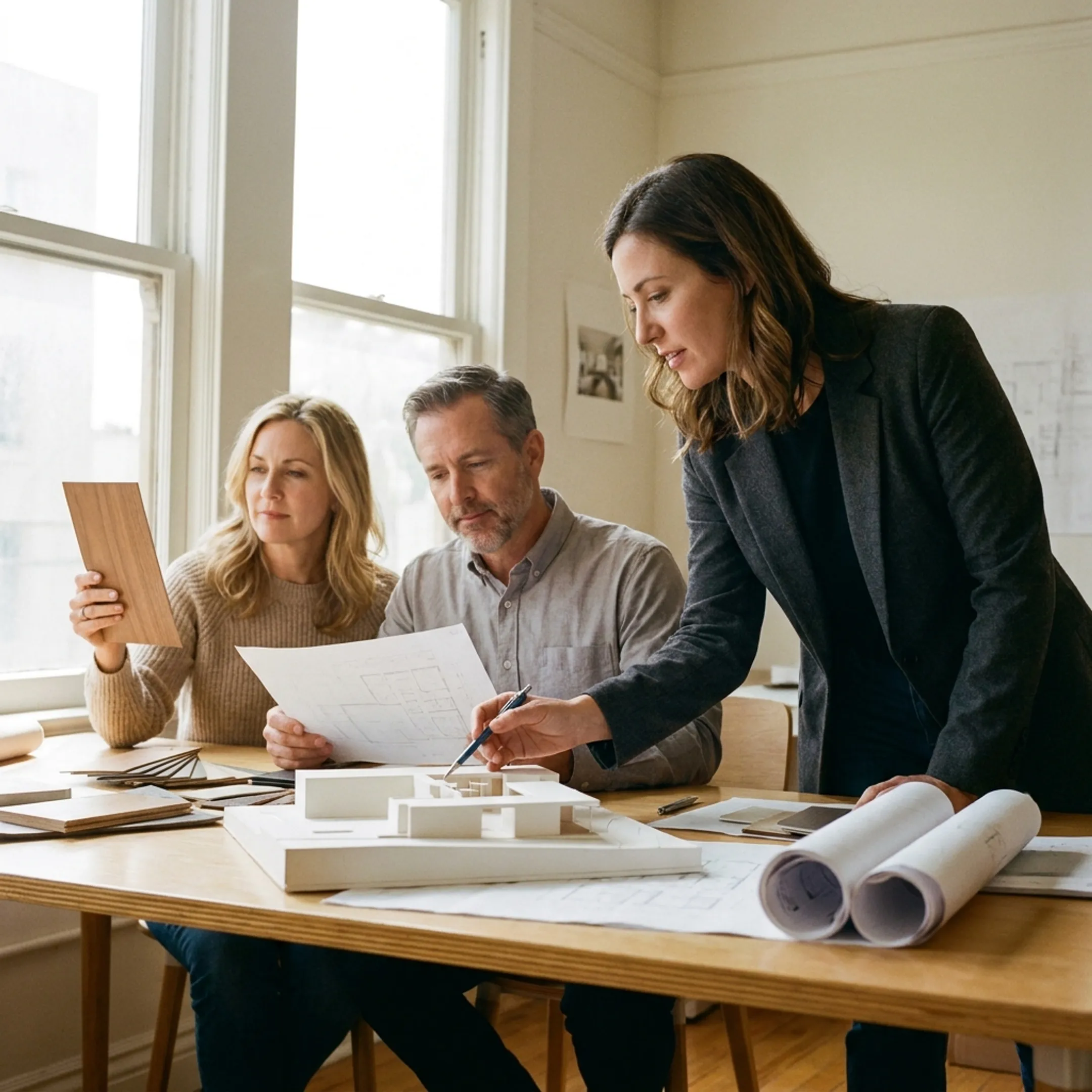 Architect reviewing a detailed basement renovation design with a homeowner