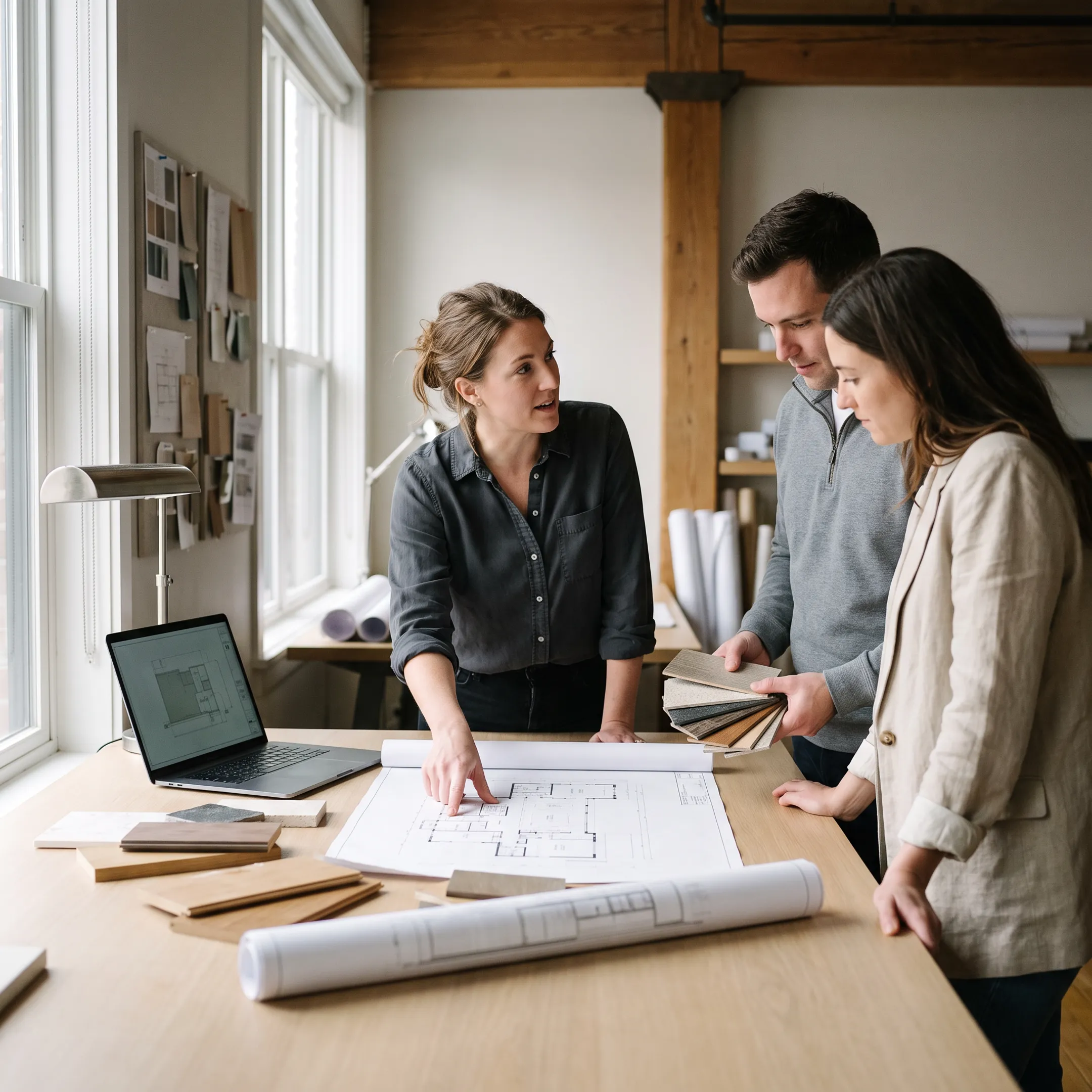Architect reviewing residential remodeling plans with homeowners