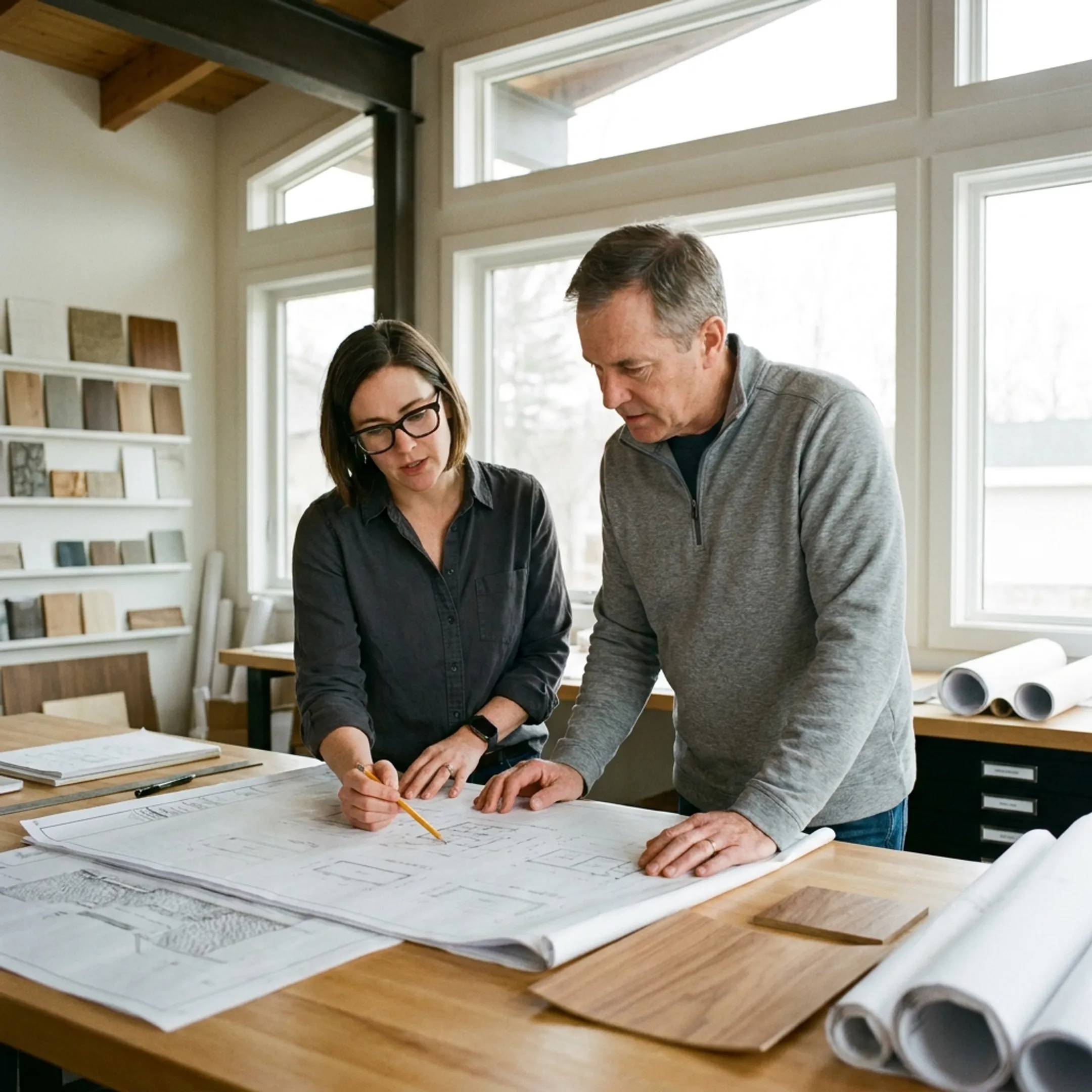 Architect reviewing home remodeling plans with a homeowner